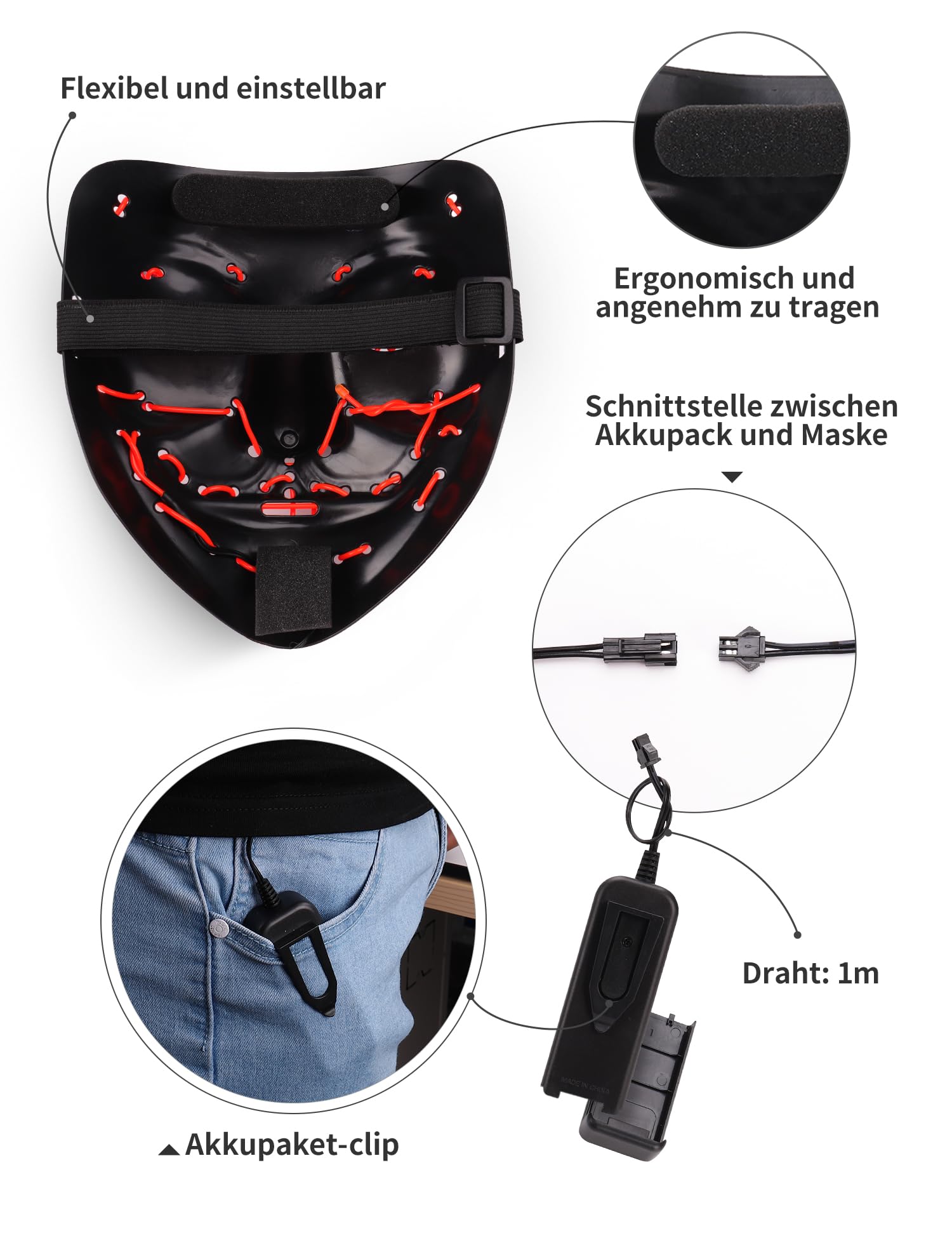 AnanBros - Maschera per Halloween, con luci a LED, maschera, per Halloween, 3 modalità di illuminazione, per cosplay e feste