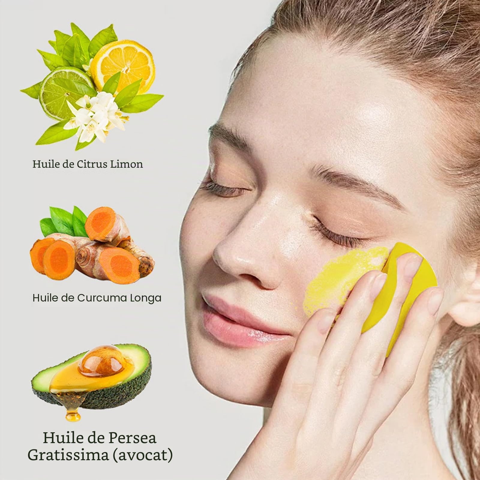 Ensemble Trois Pièces pour Lavage et Soins au Curcuma, Nettoyant Facial Avec Brosse, Tampons Gommants pour le Visage, Pain de Savon, Filet Moussant pour Savon, Ensemble de Nettoyage en Profondeur