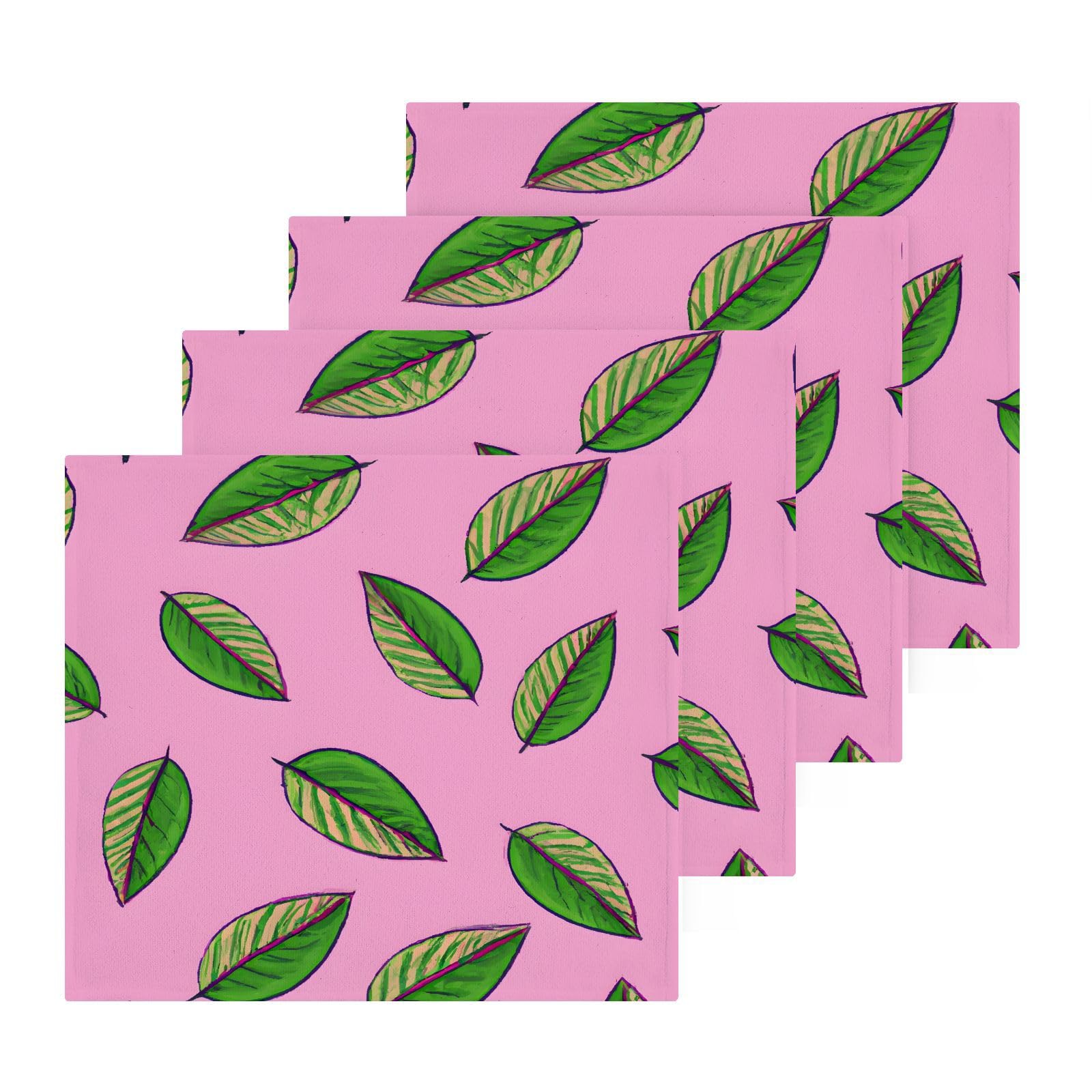 YANENDIE Green Leaves Pink Washcloths Towels, Highly Absorbent and Soft Cotton Face Cloths, 4 Pack Quick Dry Wash Cloths - 12 X 12 Inches