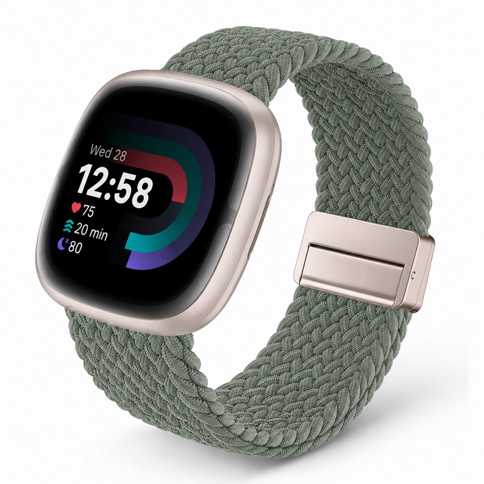 Plkjiu Braided Strap Compatible with Fitbit Versa 4 / Versa 3 / Sense 2 / Sense, Elastic Nylon Replacement Watch Bands for Women Men, Adjustable Breathable Sport Wristband (Olive Green)