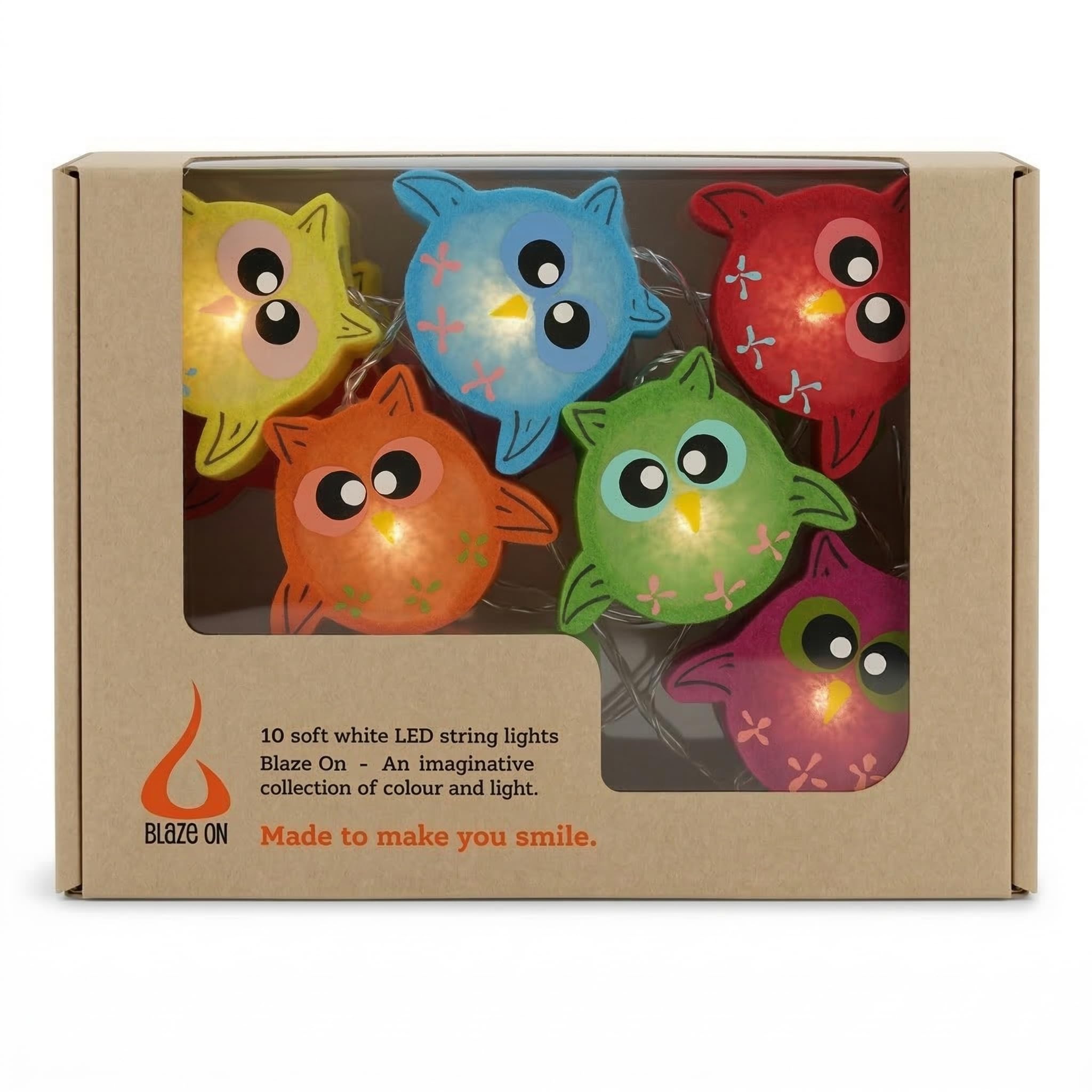 Blaze On Owl Fairy Lights (Rainbow) – 10 Warm White LED Lights – Handcrafted Translucent Owl Shapes – Hand-Screened Mulberry Paper – 3-Pin UK Mains Plug – Indoor Decorative String Lights — image 1