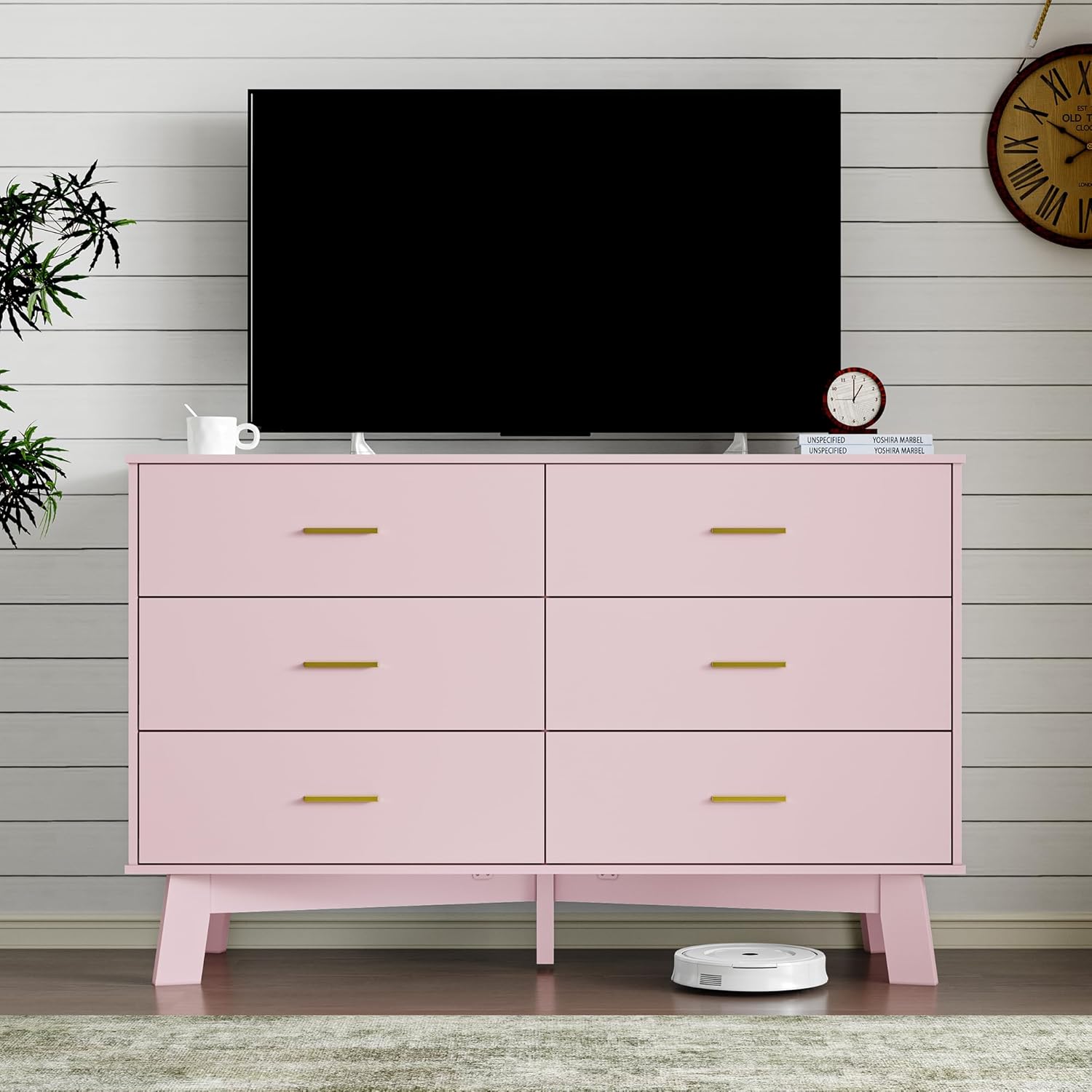 BORNOON Dresser for Bedroom with 6-Drawer, 47.2" Modern Chest of Drawers with Metal Handles, X-Shape Base & Adjustable Center Leg, Anti-Tip Closet Organizers and Storage