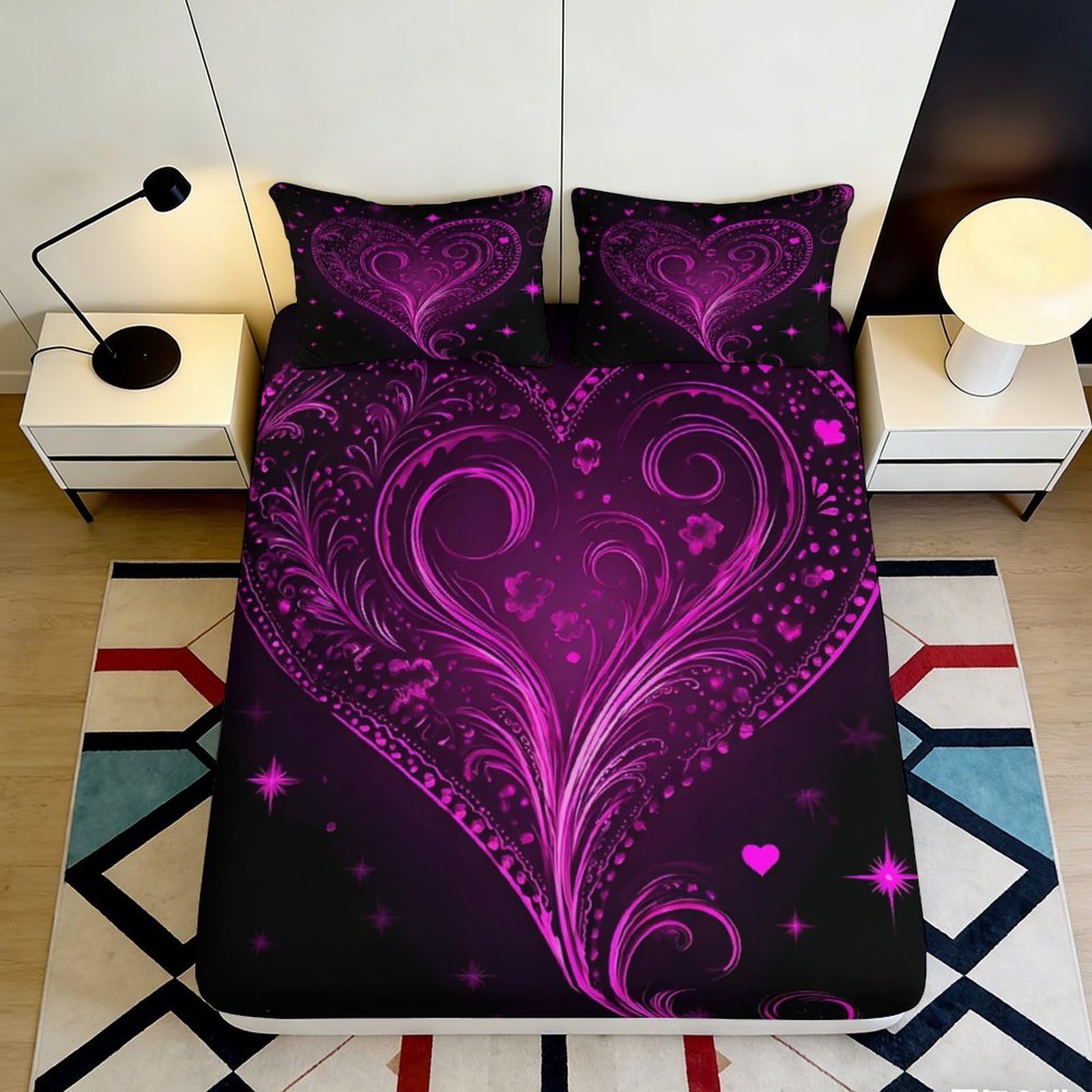 3D Printed Purple Heart Fitted Sheet Microfiber Soft Bedroom Decor Romantic Pattern Mattress Cover for Home Dorm 90x200x25cm