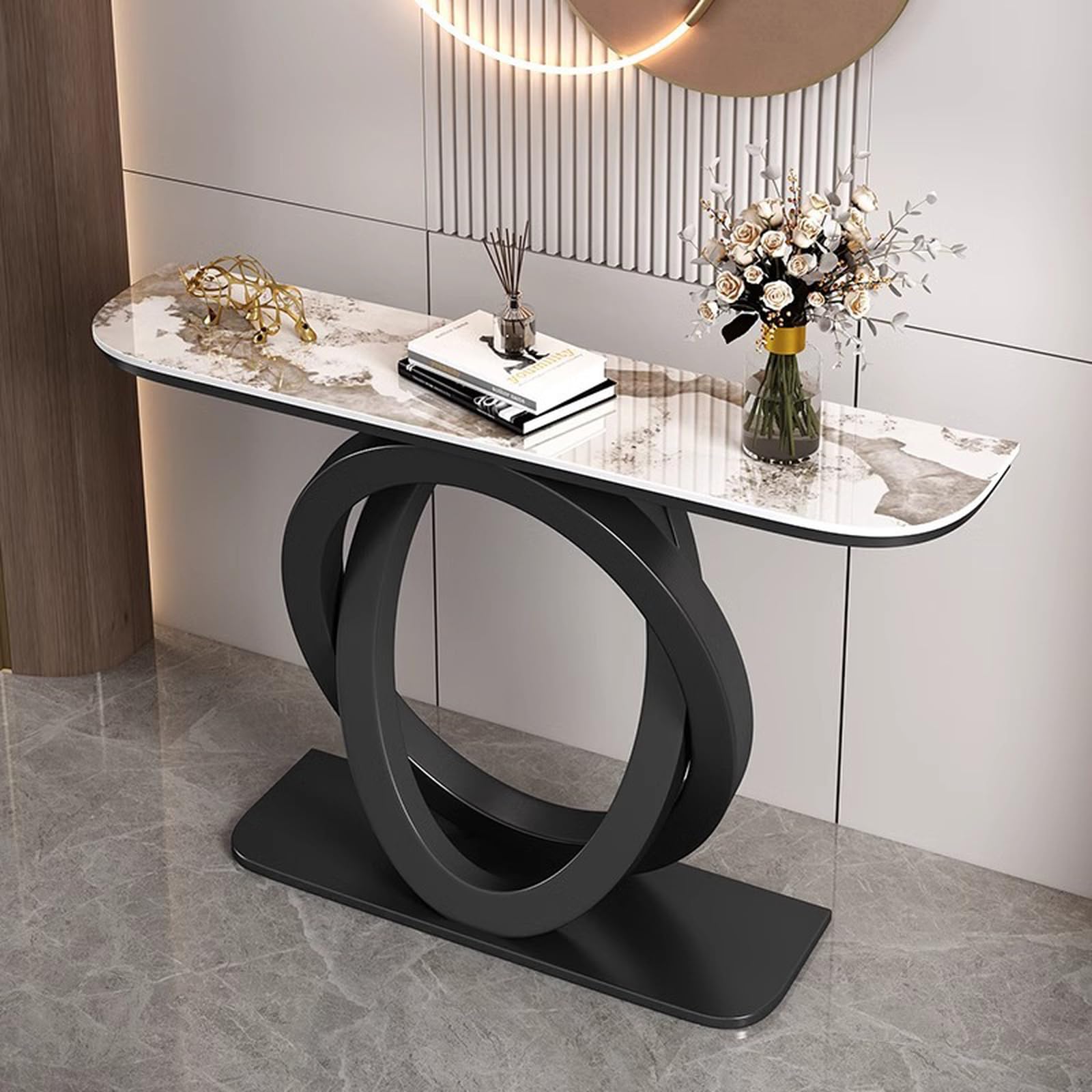 MESCXTY Console Table, Modern Entryway Table with Oval Frame, Narrow Faux Marble Accent for Living Room, Hallway, Entrance(39 Inch, & Black)
