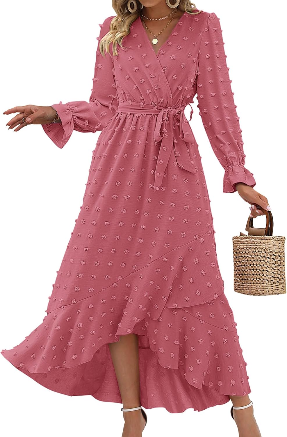 BTFBM Long Sleeve Maxi Dresses for Women V Neck Swiss Dot Boho Flowy Slit Cocktail Wedding Guest Dress Fall Clothes 2025