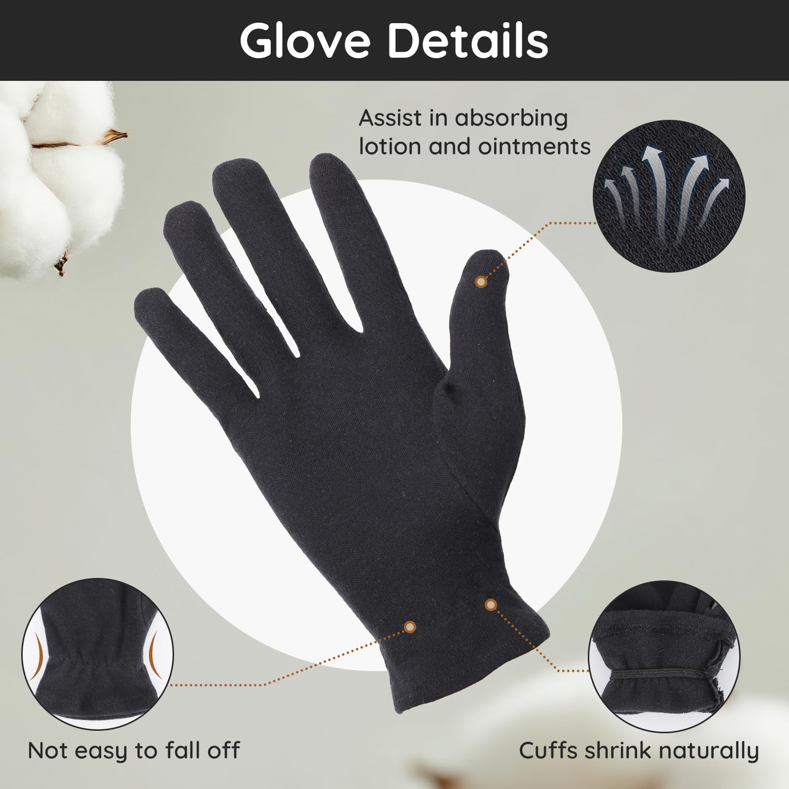 Segbeauty Guanti di Cotone per Dermatiti, 4 Paia Guanti Cotone Neri, Morbido e Traspiranti, con Elastico Braccialetto, per Mani Asciutte, Eczemi, Bellezza, Ispezione Gioielli (XL)