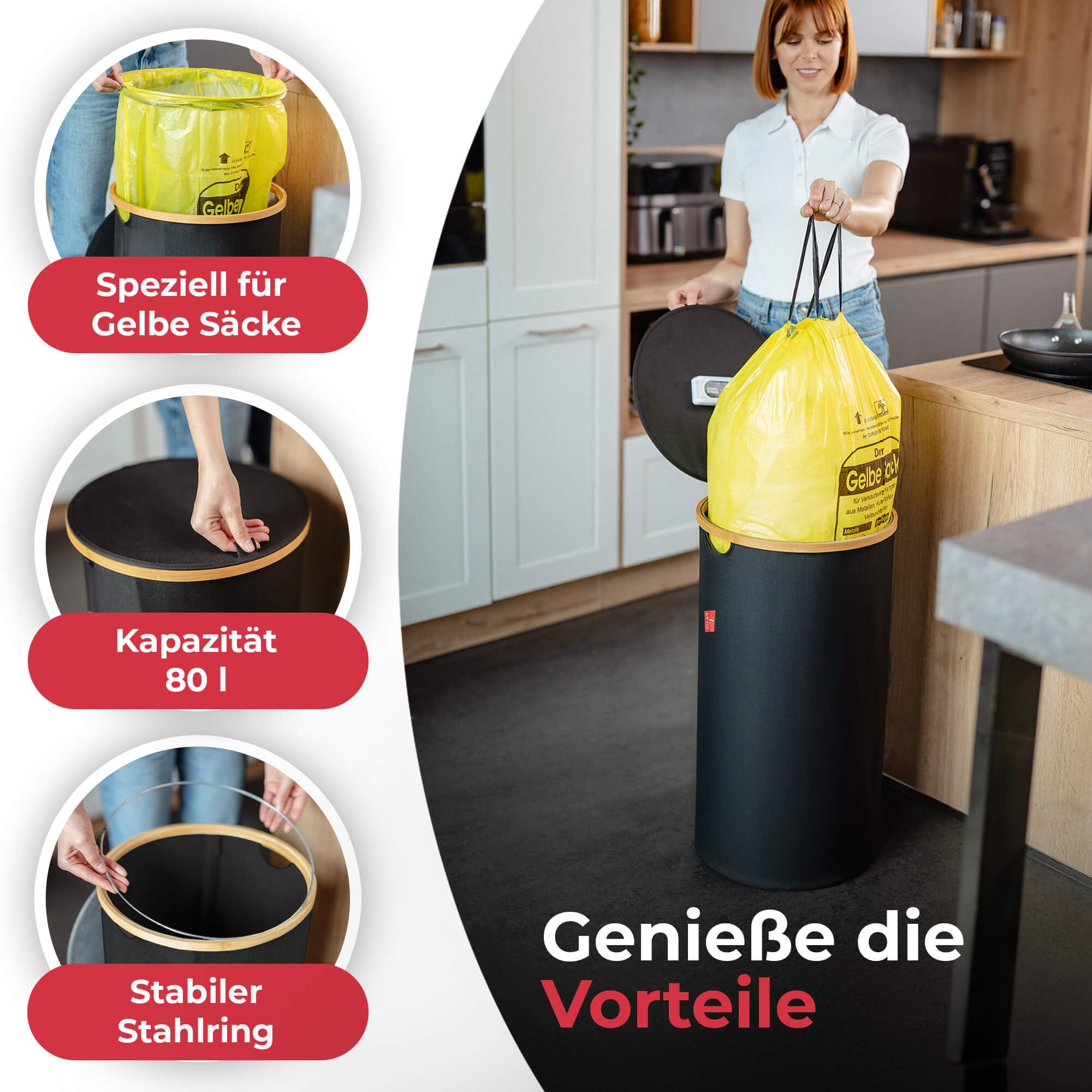 Levio® Gelber Sack Ständer mit Deckel – Müllsackhalter & Müllsackständer [80L mit Geruchsfilter] – Mülleimer Gelber Sack Indoor – Stabiler Ständer für Gelben Sack – Gelbe Säcke Behälter (Schwarz)