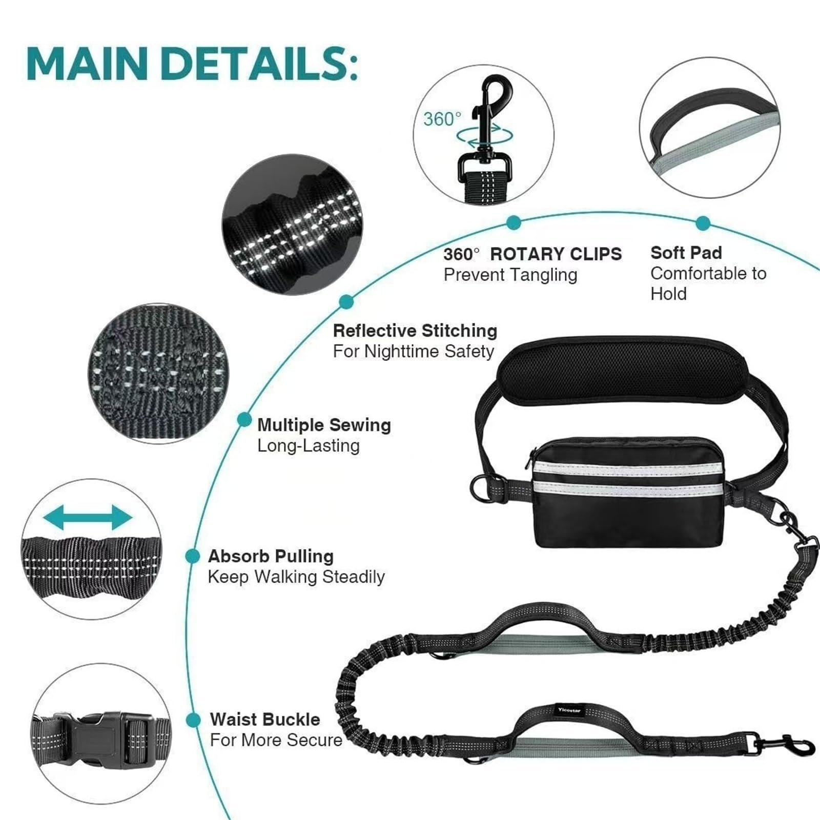 Laisse Mains Libres pour Chien avec Ceinture, Laisse Élastique À Poignée Simple Ou Double avec Pochette pour Promener(Blue,Double)