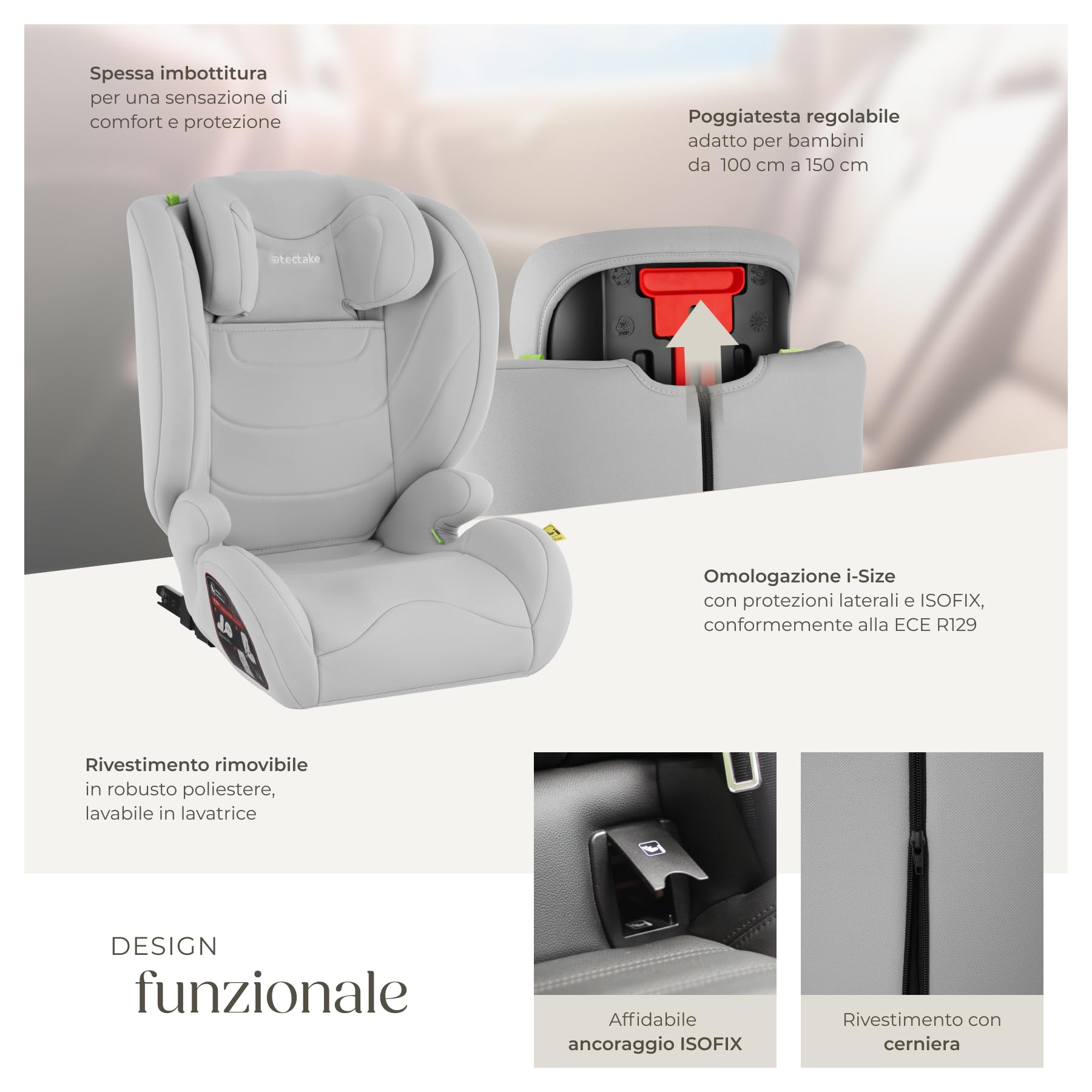 tectake® Seggiolino Auto i-Size con ISOFIX, Omologazione ECE R129, Protezione Impatti Laterali, Altezza Regolabile 100-150cm, Rivestimento Lavabile, Imbottitura Confortevole, Per Auto - Grigio Chiaro