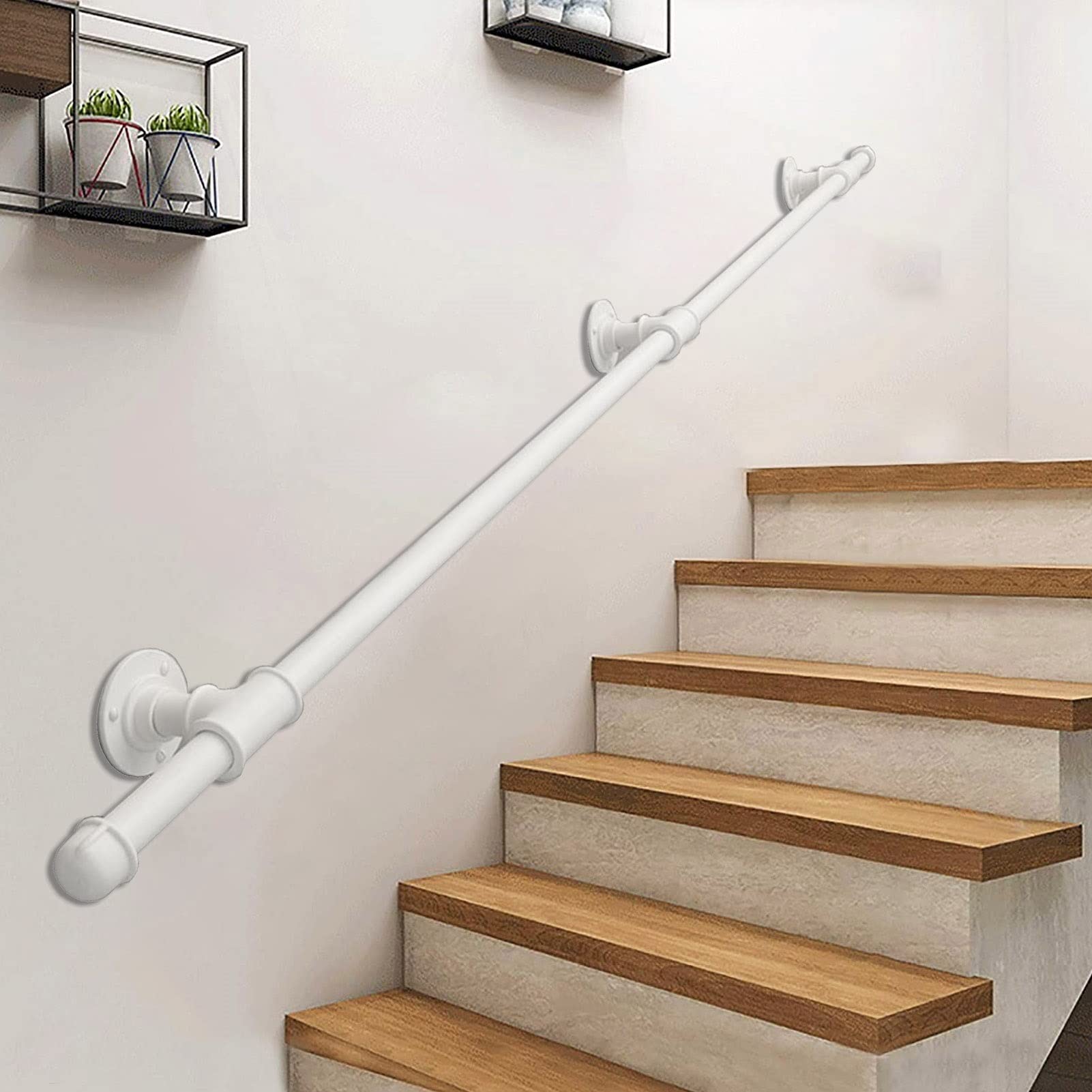 LWJSOCP White Metal Handrail for Stairs 13ft Modern Wrought Iron Staircase Banister with Wall Mount Brackets Indoor/Outdoor Use