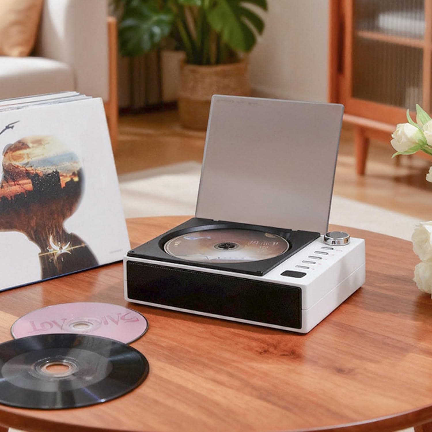 Small Compact Retro CD Players, Multi-Functional Desktop CD Player with CD Dust Cover, Speakers, USB Rechargeable, 3.5mm Audio, and Optical Interfaces, for Home/Office/Cassroom/Hotel