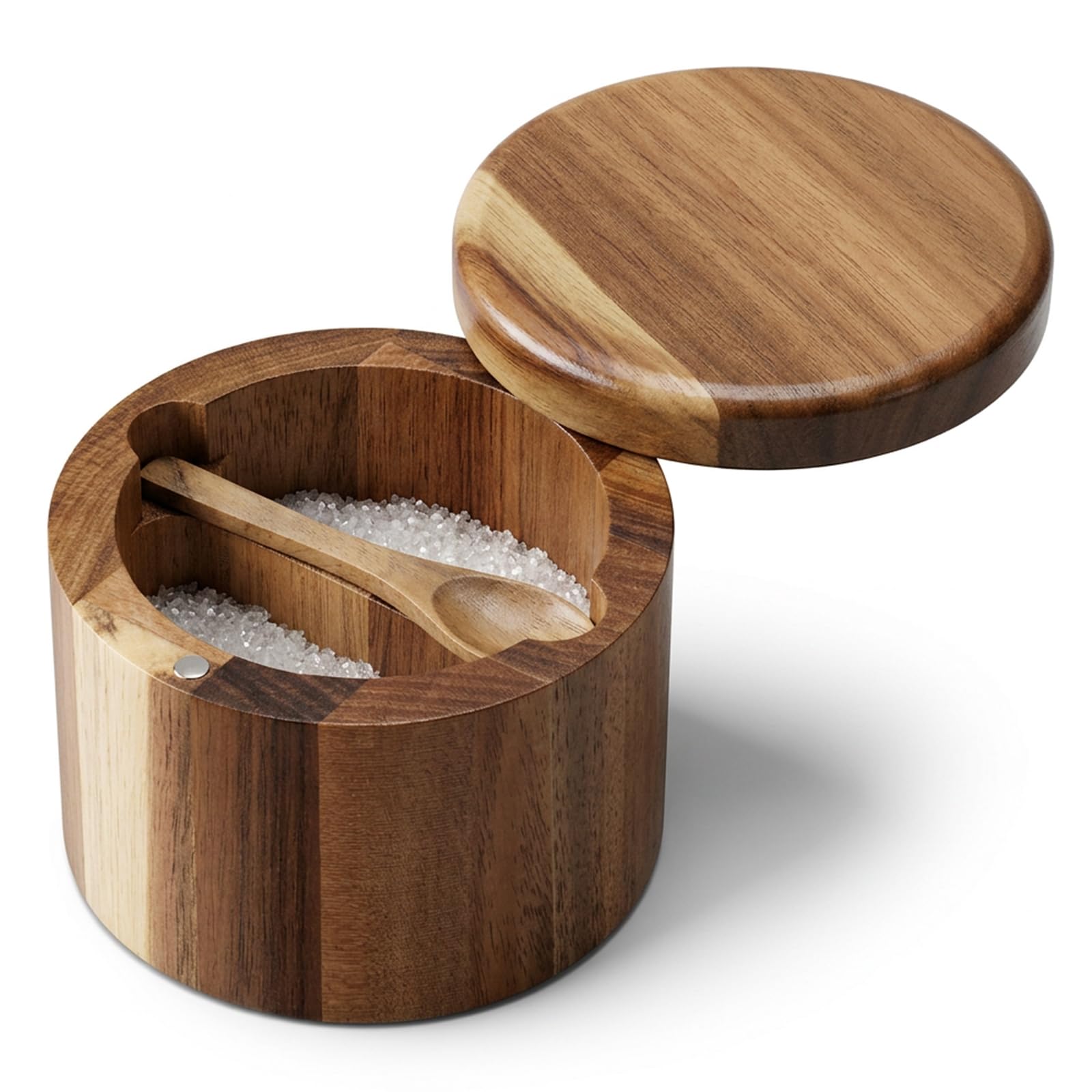 Salt Cellar, 2-Compartment Acacia Salt Box with Swivel Lid and Spoon