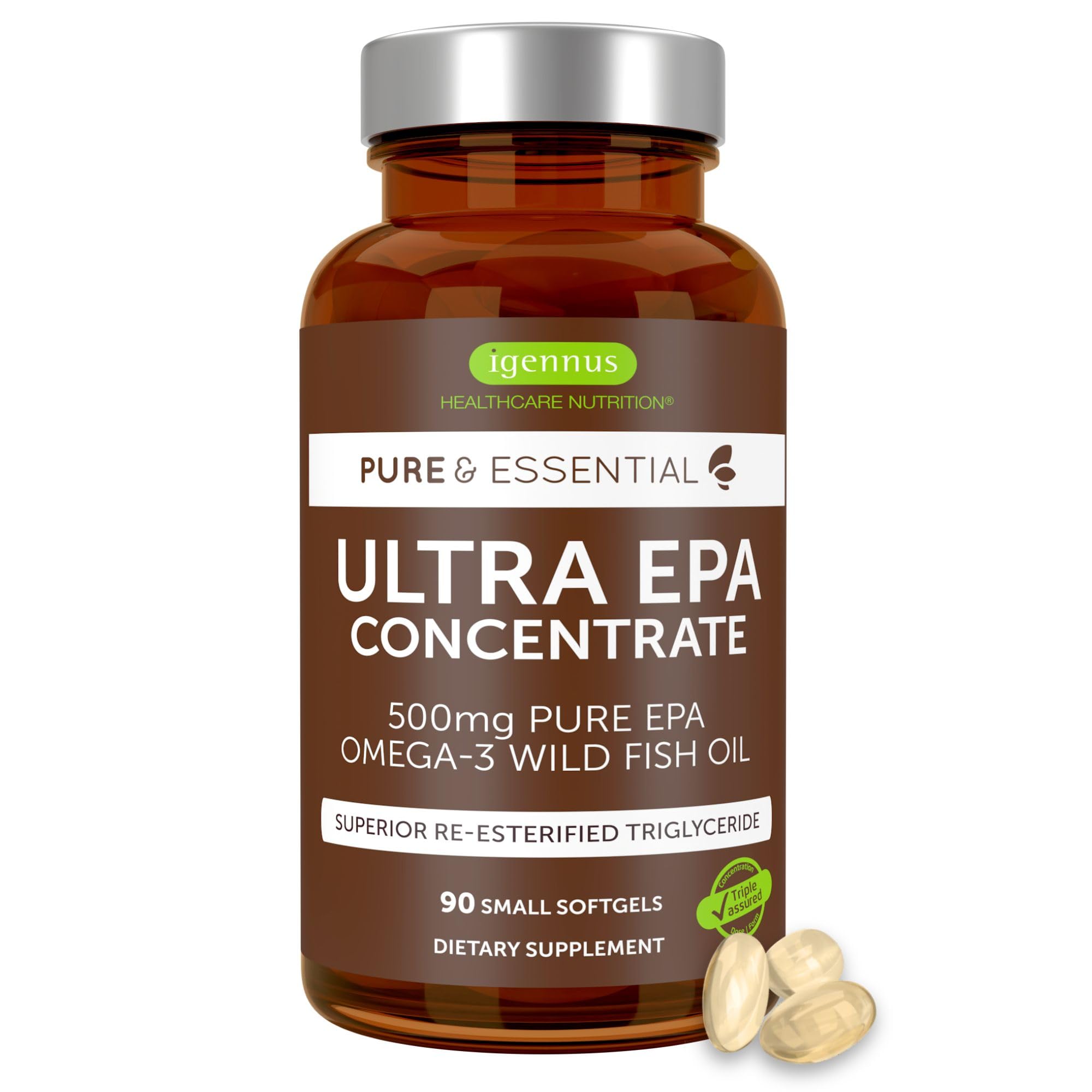 Igennus Ultra Pure Omega-3 EPA 500mg, Highly Concentrated IFOS Certified Wild Fish Oil, Advanced rTG Triglyceride Form, Non-GMO, 90 Small Softgels