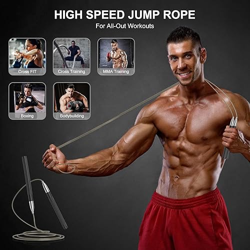 Miniatura 5 de Cuerda de saltar de velocidad para hombres y mujeres, cuerda de saltar de fitness con mango de aluminio y 2 cuerdas, diseño de autobloqueo, cuerda