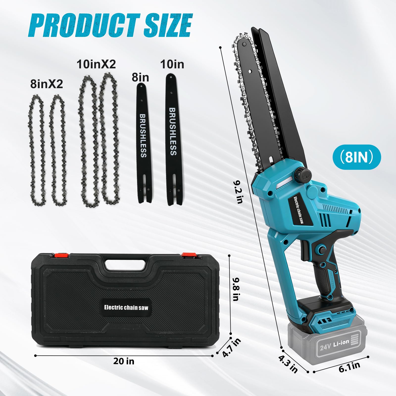 Motosierra Inalámbrica 8 y 10 Pulgadas para Makita 18V (sin Batería) | Mini Motosierra sin Escobillas, Lubricación Automática de Cadena, 2 Placas, 4 Cadenas, Guantes, Gafas y Maletín