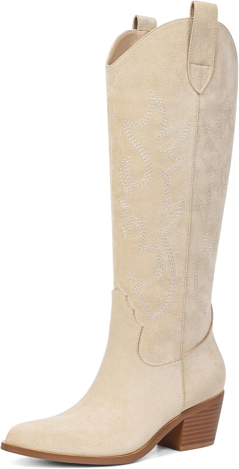 Erocalli White Cowgirl Boot Cowboy Boots for Women Embroidered Pull-On Chunky Stacked Heel Knee High Western Boots