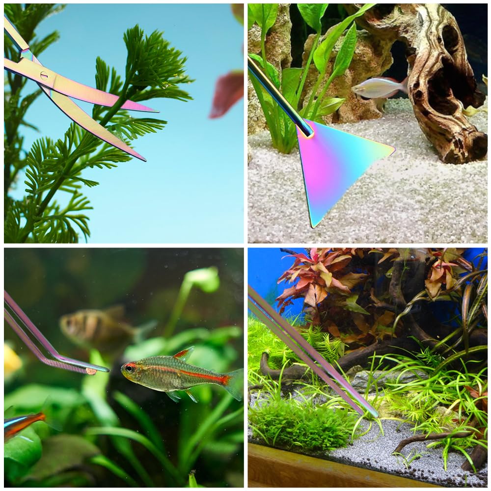 Kit Strumenti per Acquario,4 in 1/5 in 1/6 in 1 Attrezzi per Piante Acquatiche in Acciaio Inossidabile con Pinzette Forbici Spatola per Acquari