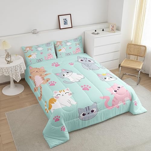 Miniatura 4 de Erosebridal Juego de ropa de cama para niños, tamaño individual, diseño de gatos de dibujos animados, para niñas, niños y adolescentes, edredón con