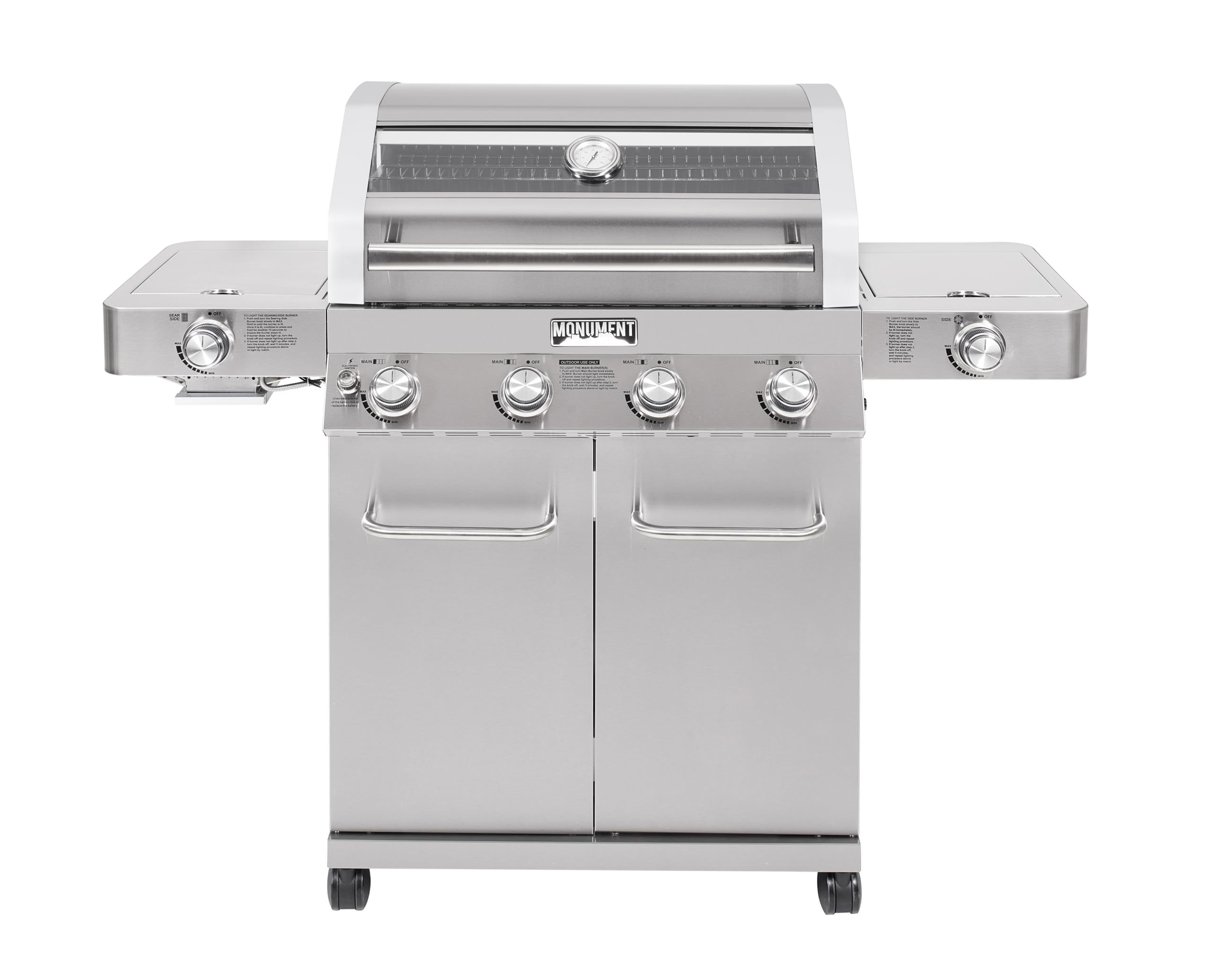 Monument Grills 4+2 Burner 700 sq.in. Large Cabinet Style Stainless Steel Propane Gas Grill with a Clearview® Lid, an Infrared Side Sear Burner & a Side Burner, and a Built-In Thermometer