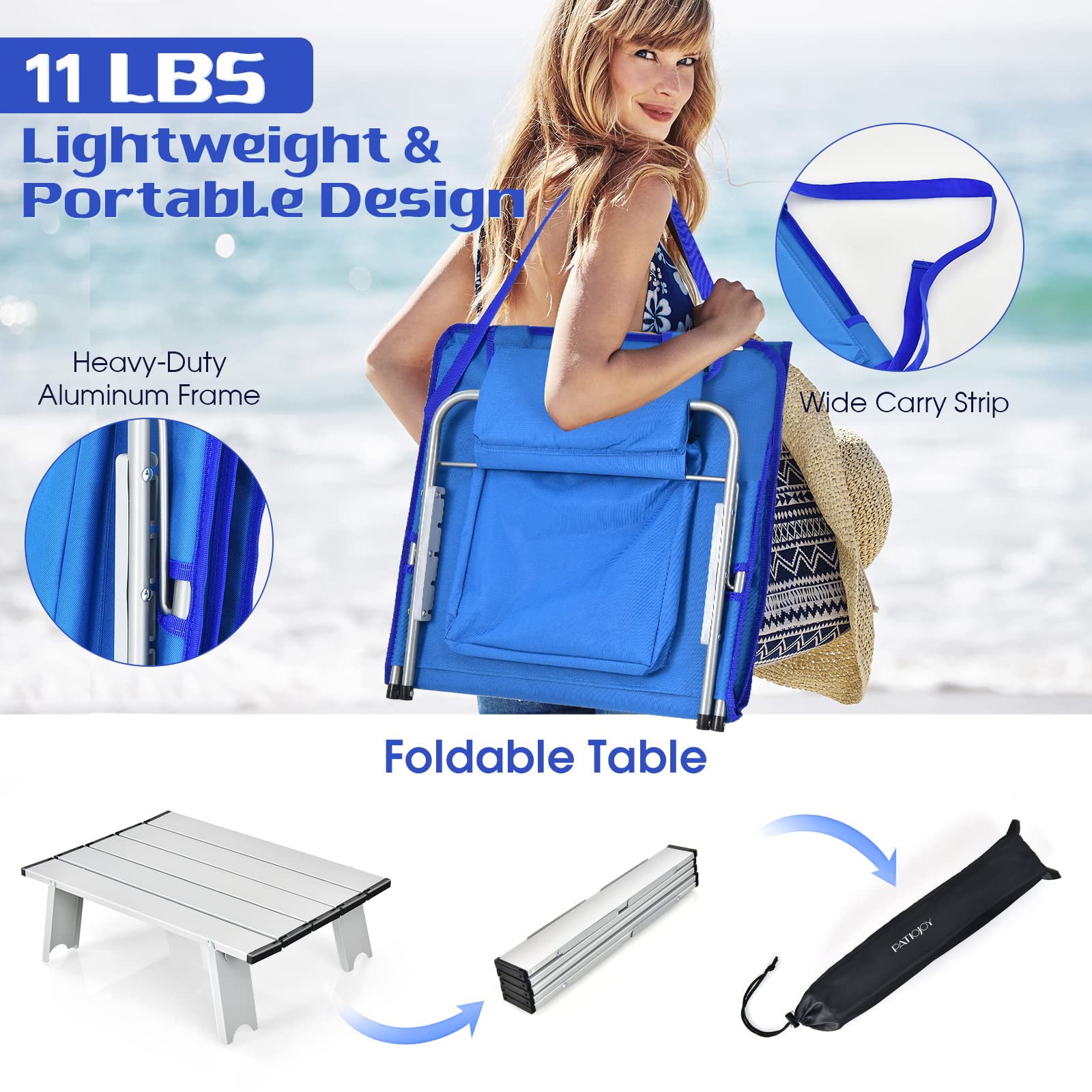 GIANTEX Lot de 2 Matelas de Plage Pliables avec Table d’Appoint, Chaises Longue Plage Réglables en 5 Positions avec Appui-Tête Amovible, Poche pour Jardin, Plage, Camping (Bleu)