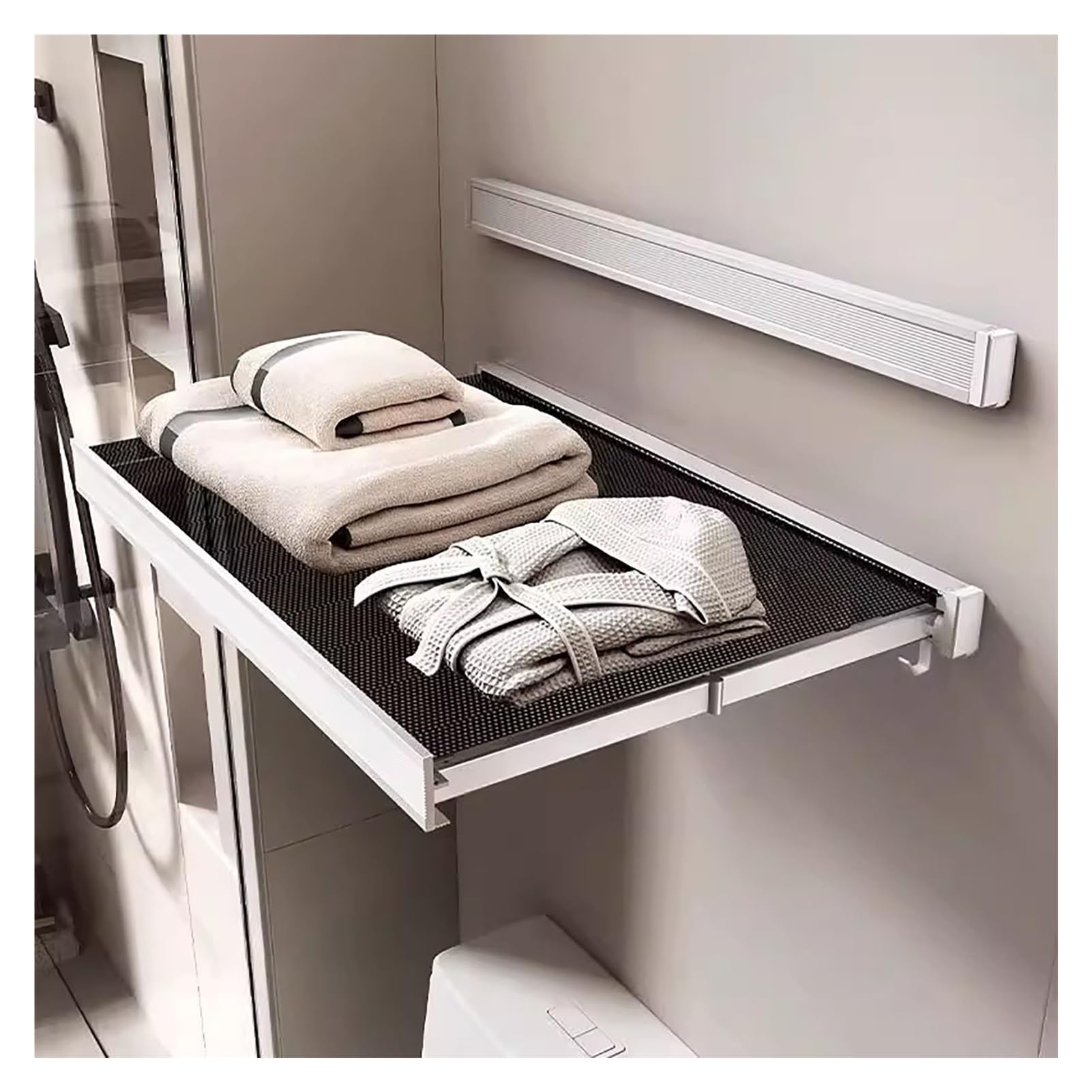 Wäscheständer zur Wandmontage mit Haken und Netzablage, ohne Bohren, platzsparender Wäsche-Organizer für Badezimmer oder Balkon, faltbares Design