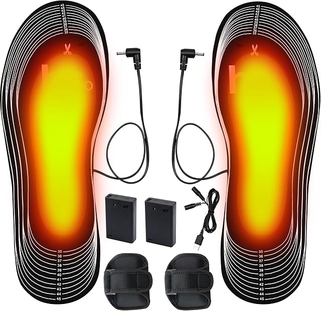 SelfTek Podgrzewane wkładki z USB elektrycznymi podeszwami grzewczymi ze skrzynią na baterie, z możliwością przycięcia do kształtu butów, wkładki termiczne, podwójna wkładka do butów, ogrzewane