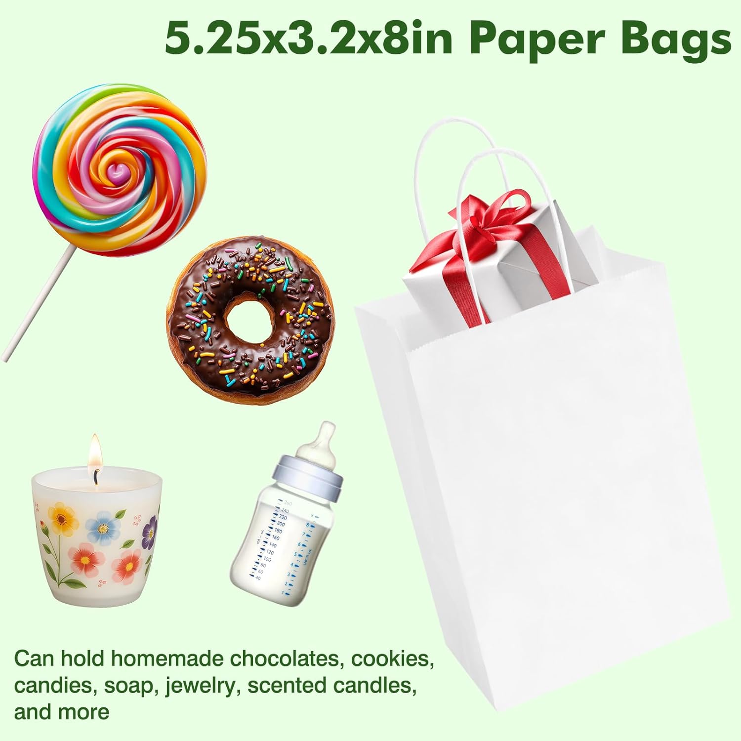 OUTUXED 240pcs White Paper Bags with Handles, 5.25x3.2x8 Inches Small White Gift Bags Bulk for Valentines, Christmas, Shopping, Birthday, Wedding and Business Party