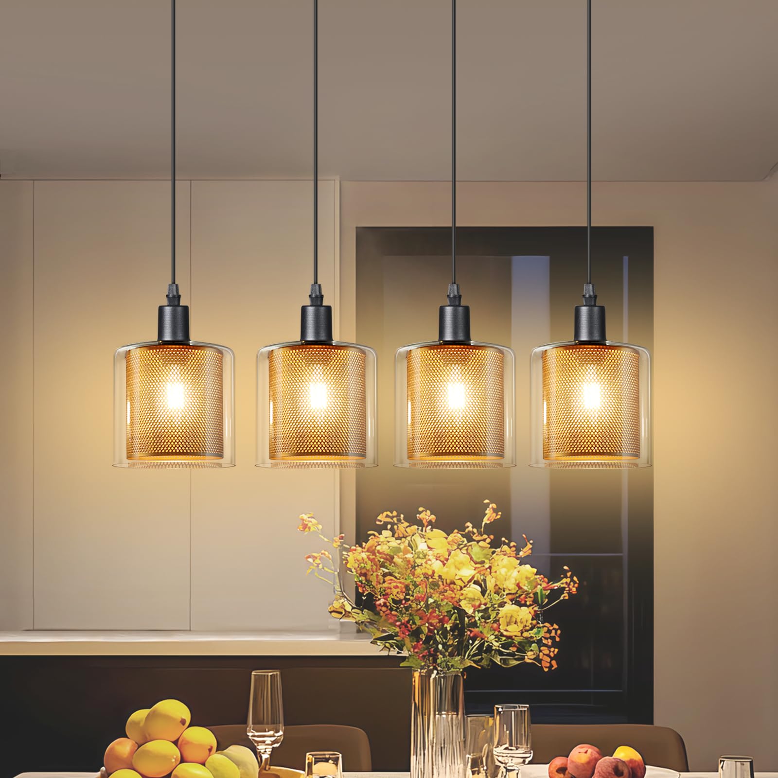 ZMH Pendant Light Dining Table Vintage Retro Black Gold Design 4 Bulbs E14 Made of Glass and Metal Industrial Dining Room Living Room Lamp