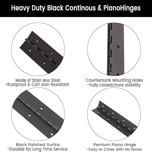 Miniatura 5 de 4 bisagras de piano de alta resistencia de 16 pulgadas, 0.05 pulgadas de grosor, 2 pulgadas de ancho abierto, acero inoxidable negro continuo y
