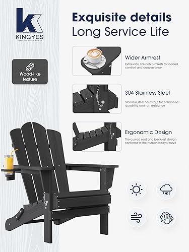Vista 136 de KINGYES - Silla Adirondack plegable, sillas de patio de polietileno de alta densidad para todo tipo de clima, silla de césped con textura de madera