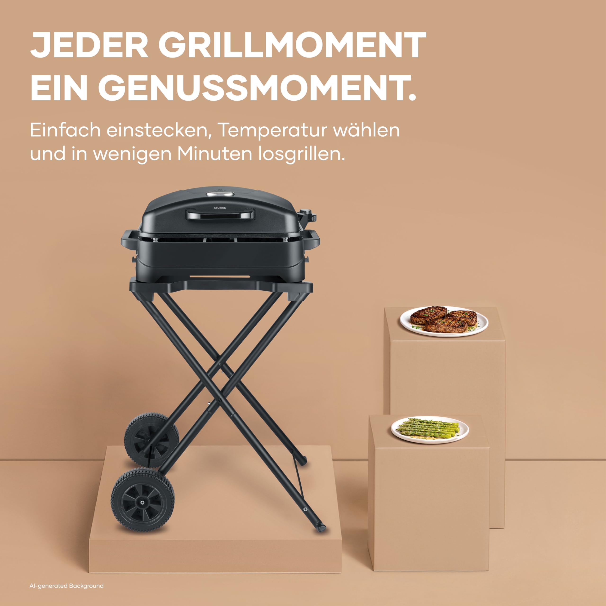 Severin Stand- und Tischgrill, Elektro-Grill für Balkon, 2300W, 10 Min. Aufheizzeit, Keramik-Beschichtung, max. 230°C, mit Deckel, Standgestell, Thermometer, 45x30cm Grillfläche, matt-schwarz, PG 8598