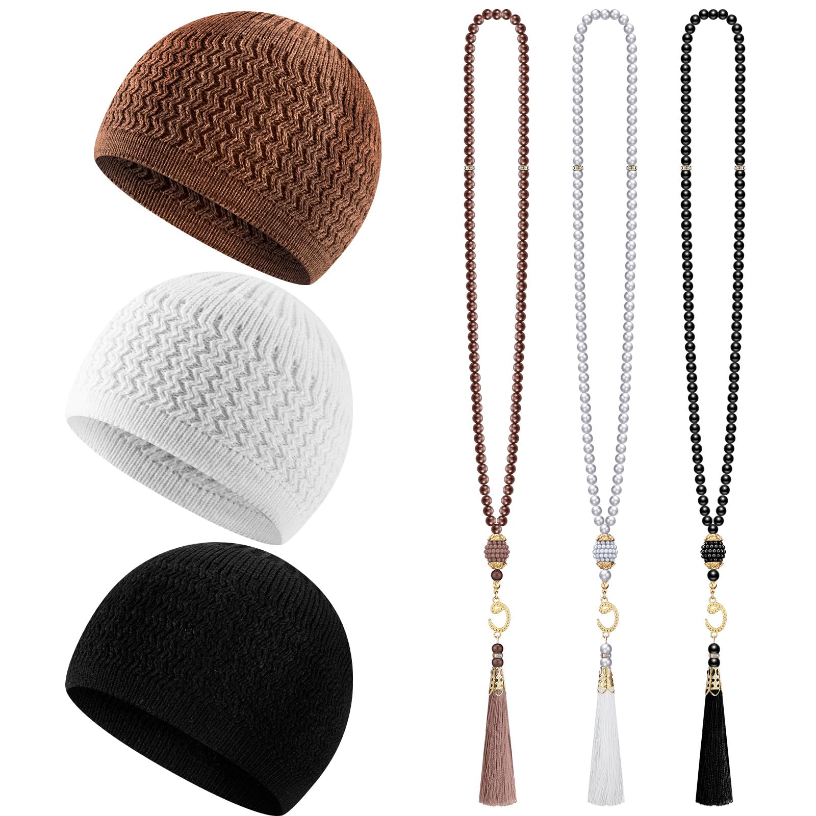 Jiuguva 6 Pcs Kufi Hats for Men and Muslim Prayer Beads Set 3 Handicraft Knitted Hat Stretchy Taqiyah Cap and 3 Tasbih 99 Beads (Popular Color)