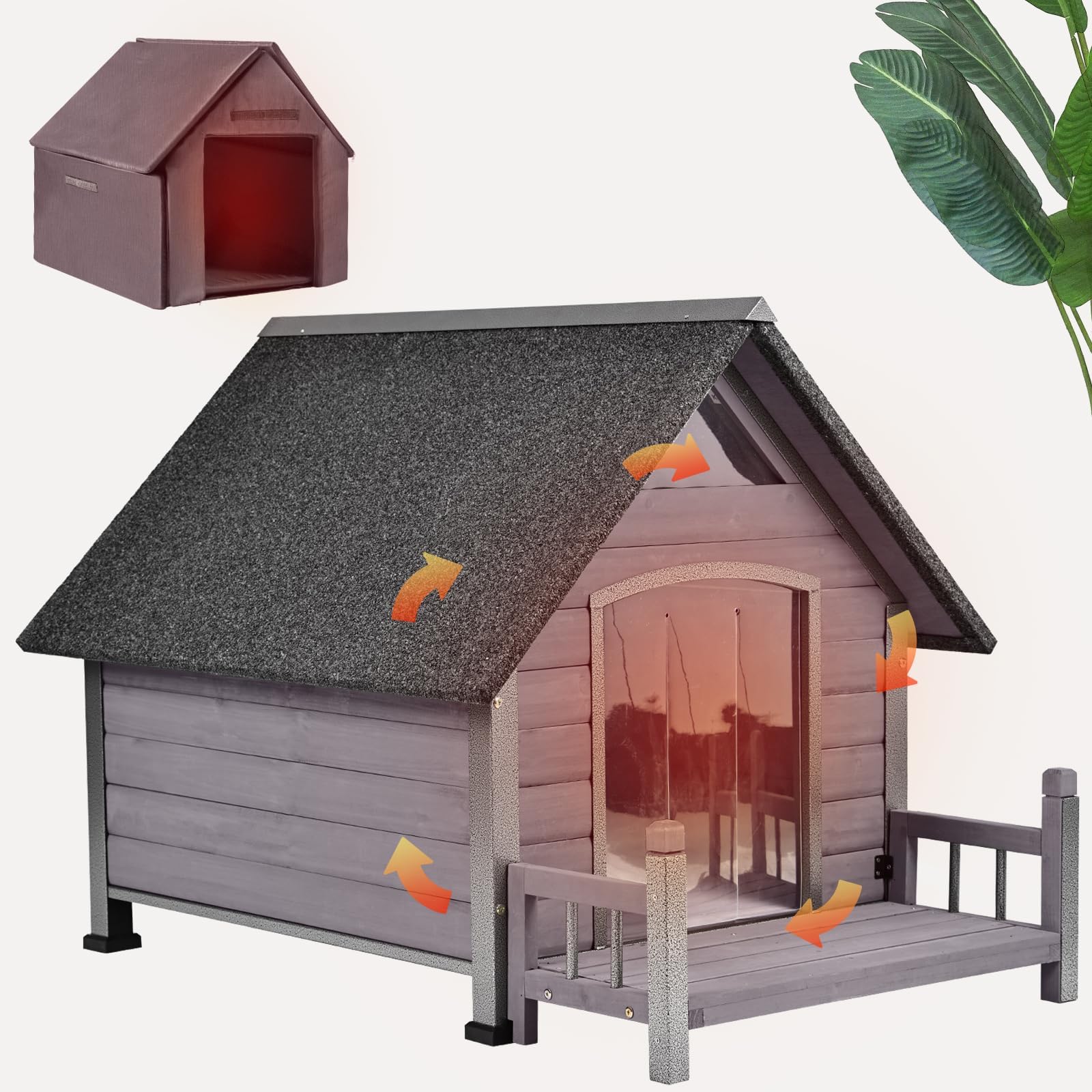 Caseta para perros con forro aislante, caseta impermeable para perros pequeños y grandes, caseta para perros al aire libre, 100% aislada, con suelo elevado para el invierno (gris)