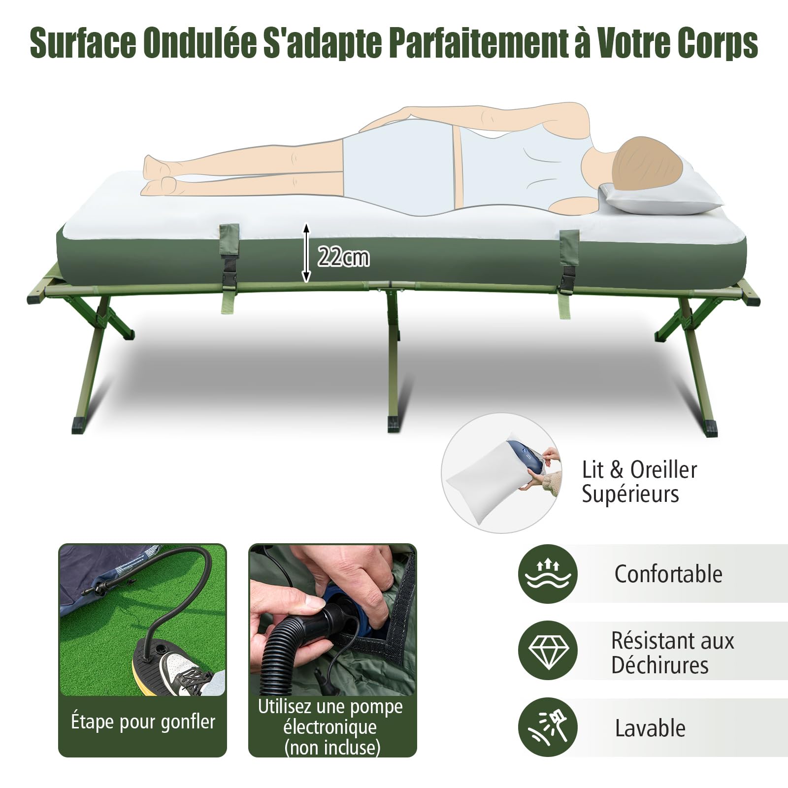 GOPLUS 5-en-1 Lit de Camping Pliant 1 Personne Adultes, Tente Pliante avec Auvent, Tente Surélevée Portable avec Matelas Oreiller Pneumatique et Sac de Couchage(87x194x167CM-Simple,Vert)