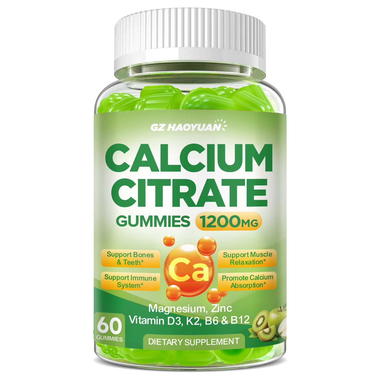 Calcium Citrate Gummies - 1200mg Calcium Gummies Supplements for Women & Men with Vitamin D3, K2, Magnesium, Zinc High Absorption for Muscle & Immune Support, Apple & Kiwi Flavor, 120 Count Apple & Kiwi 60 Count (Pack of 2)