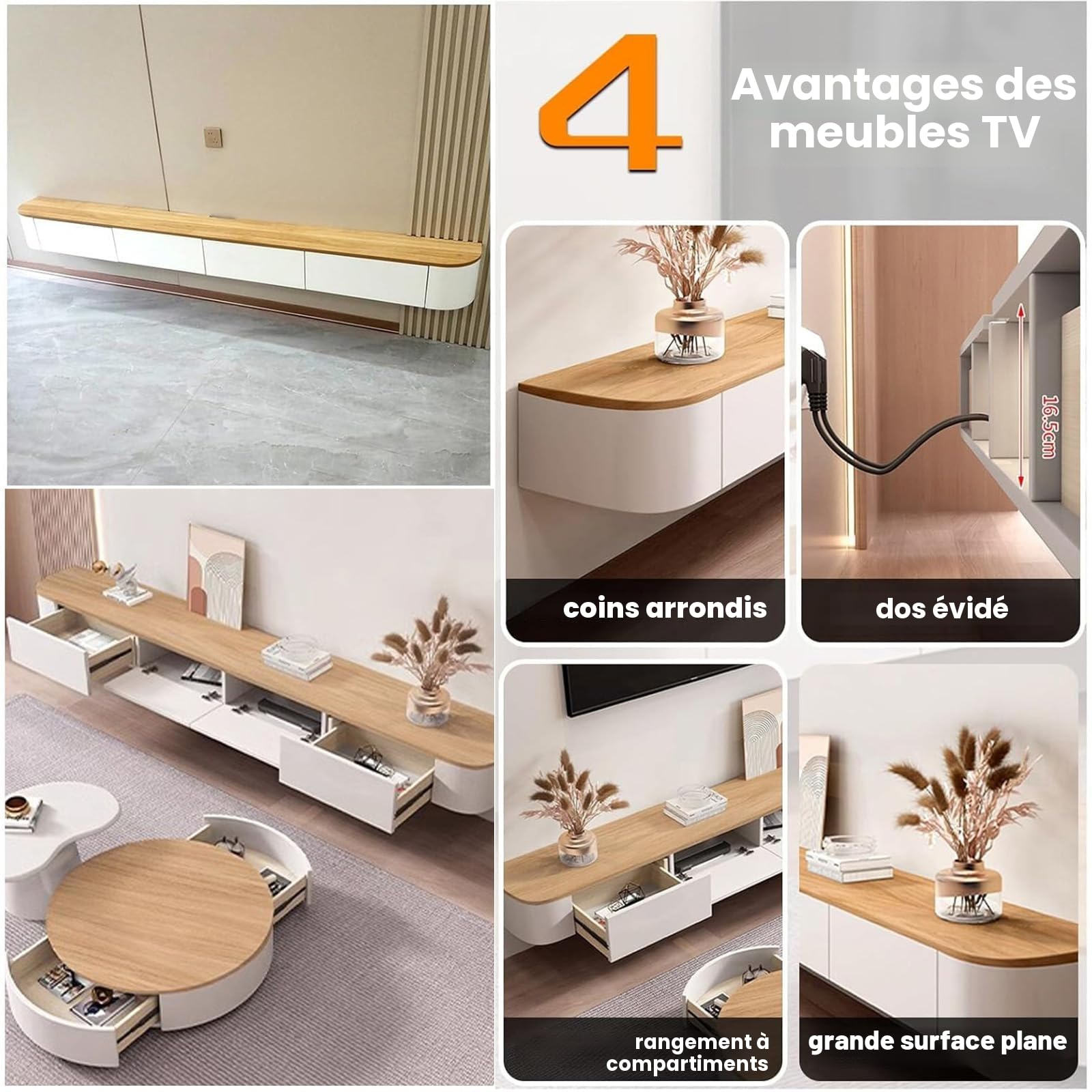 Meuble TV Suspendu, Meuble TV Flottant, Noir Meuble Télévision Mural en Bois Massif avec 2 Tiroirs, Design Élégant et Suspendu, Étagère de Rangement pour Salon ou Chambre (Couleur Bois, 220cm)