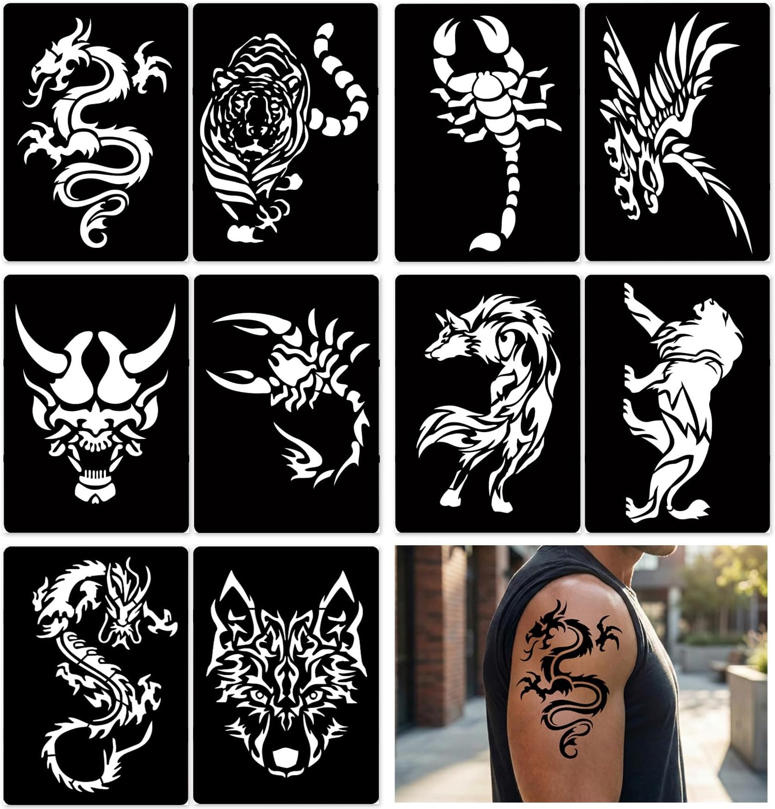 10 Large Patterns Temporary Tattoo Stencils - 5 Sheets A4 Size Jumbo Tribal Tattoo Stencil Kit - Professional 3-Layer Henna Stencils for Men Women, Tiger Dragon Wolf Eagle Designs for Body Arm Leg