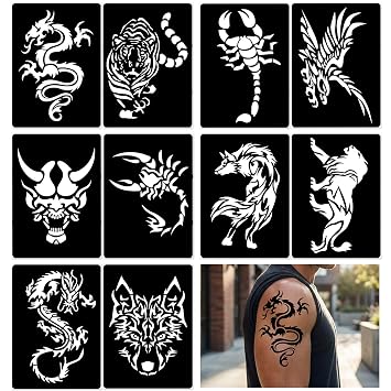 10 Large Patterns Temporary Tattoo Stencils - 5 Sheets A4 Size Jumbo Tribal Tattoo Stencil Kit - Professional 3-Layer Henna Stencils for Men Women, Tiger Dragon Wolf Eagle Designs for Body Arm Leg