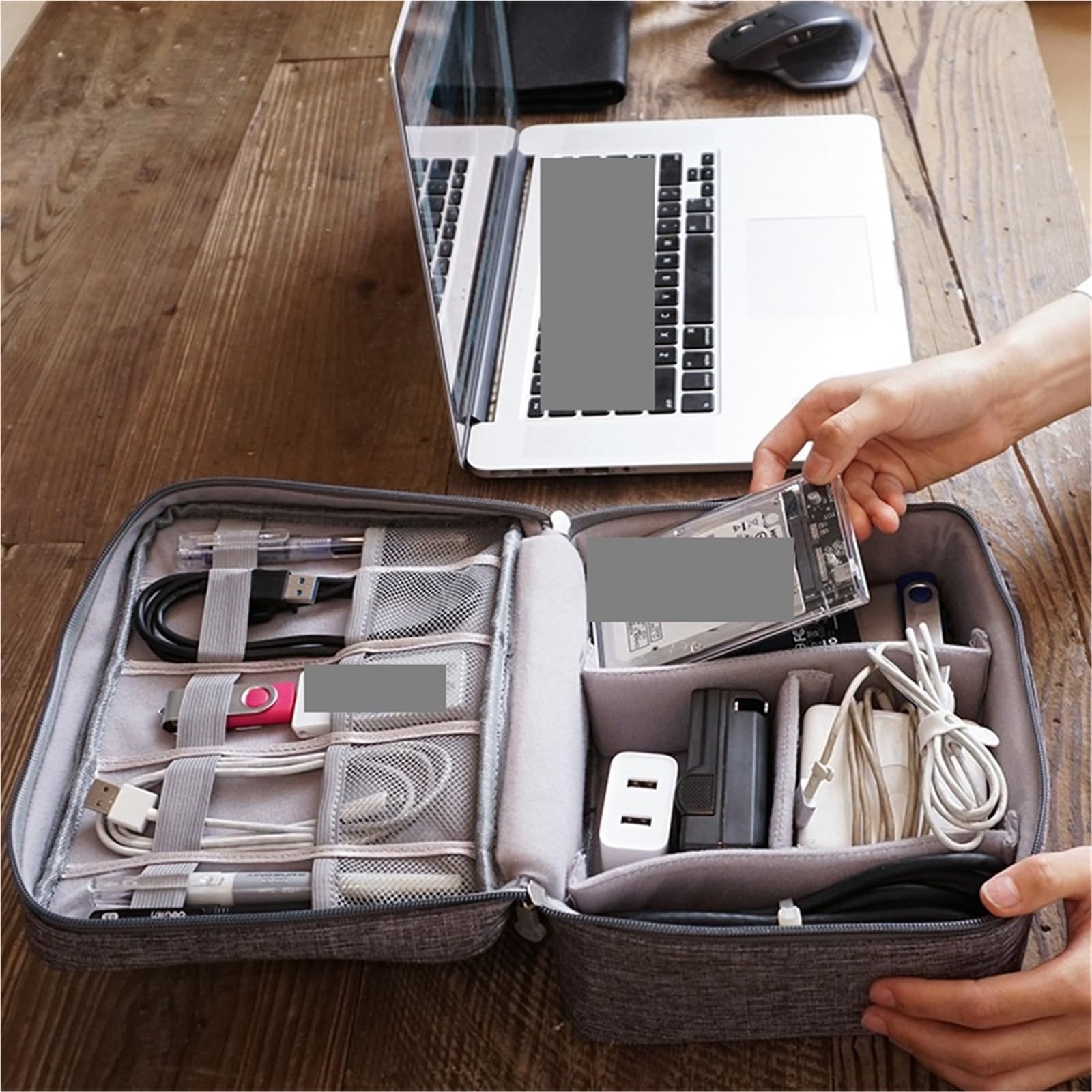 Bolsa Organizadora De Cables Bolsa De Almacenamiento Cables Viaje, Digital Portátil Impermeable, Cargador Cable Datos USB, 2 Uds(Grey,1Layer(24.5x10x18cm))