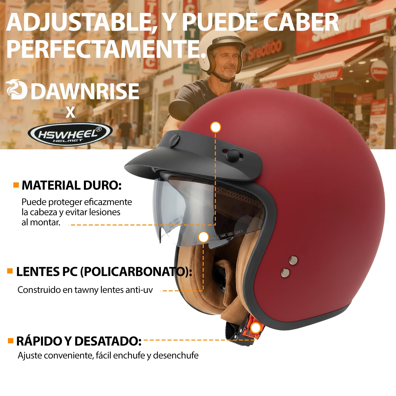 HSWHEEL Casco Jet con Visera: Casco de motocicleta de alta calidad, certificado ECE22.06, unisex - Adecuado para ciclomotor, scooter, motocicleta y escúter - Diseño retro de casco