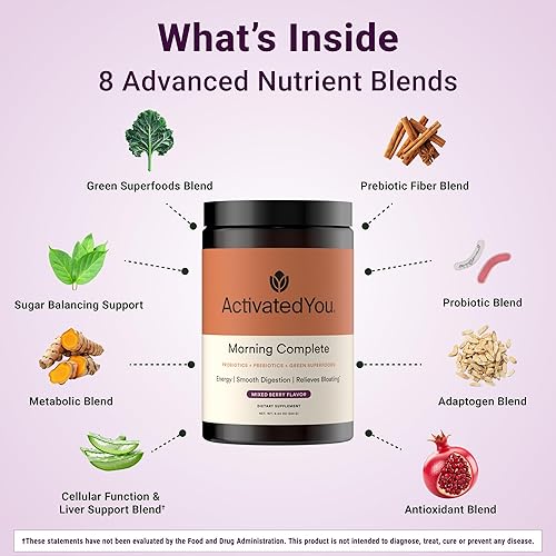 Miniatura 4 de ACTIVATEDYOU Morning Complete Super Greens Mezcla de Bebida en Polvo - Mejora la salud intestinal con prebióticos, probióticos y antioxidantes - 10