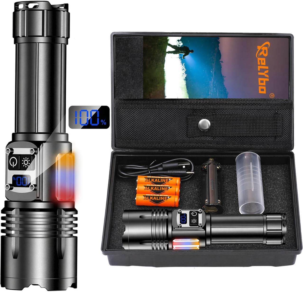 Relybo Lampe Torche Led Ultra Puissante, 1000000 Lumens Lampe De Poche Led Ultra Puissante, 9 Modes & Éclairage Latéral Cob, Lampe Torche Rechargeable Usb, Lampe Tactique Pour Camping Urgence