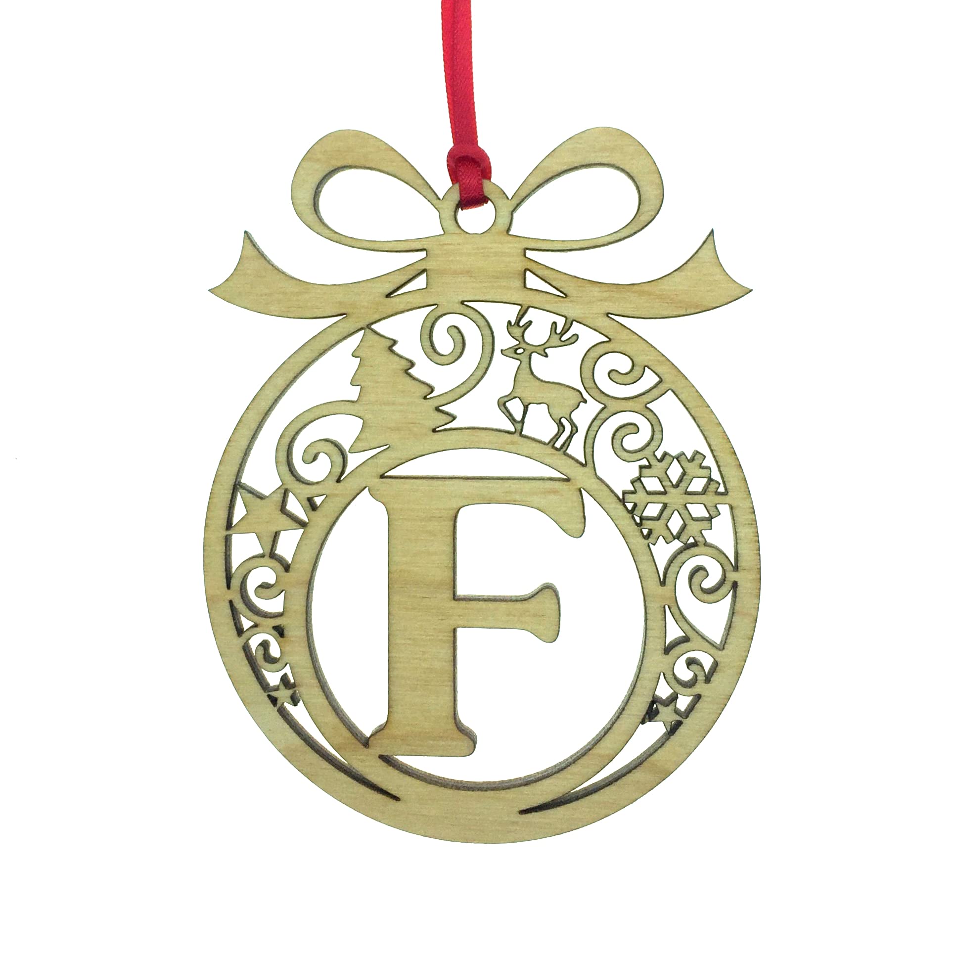 Personalised Christmas tree bauble decoration pendant ornament: Letter F, Natural Wood, Small