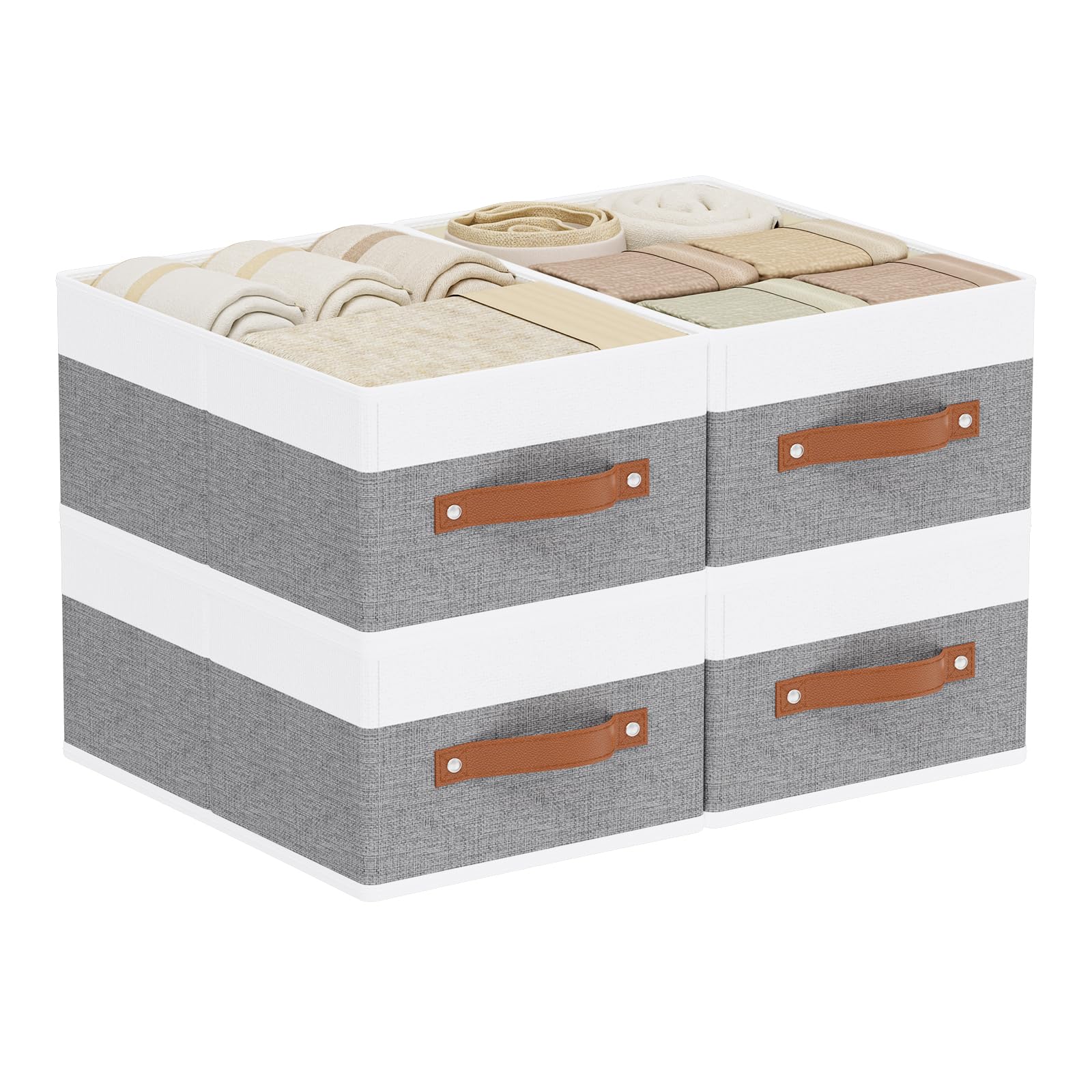 YheenLf Storage Boxes, Storage Baskets with Handles, Cube Organizer Bins for Wardrobe Bedroom Laundry, 13 × 9.1 × 5.5 Inch, White and Grey, 4-Pack