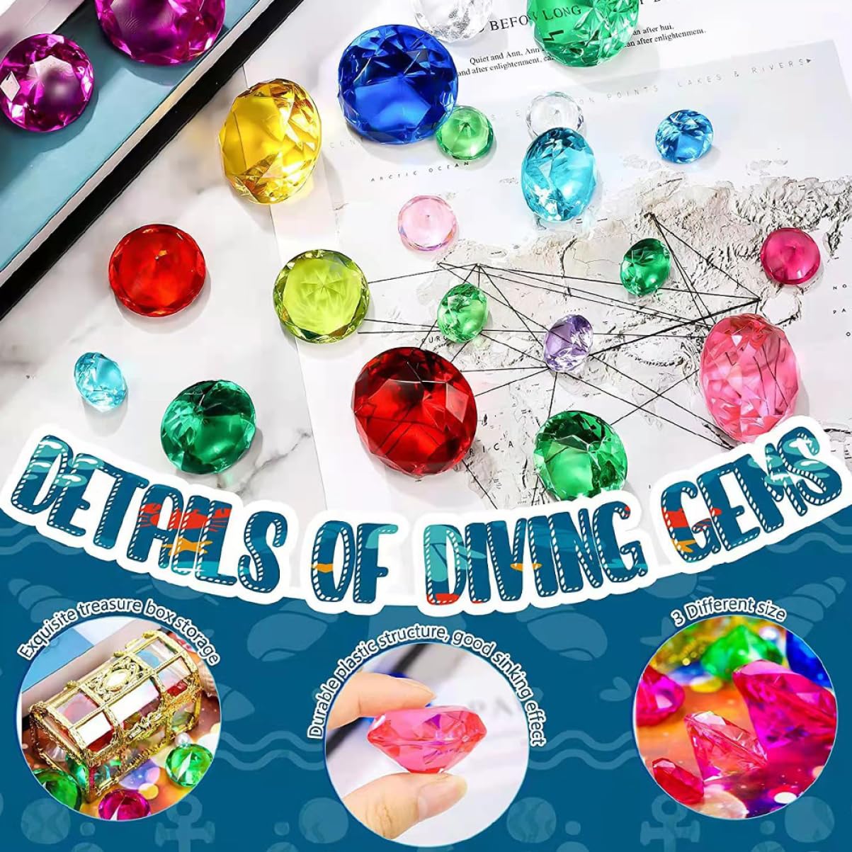 60pièces Jouets Gemmes Artificielles pour Plongée Piscine avec Coffre Trésor Modèles De Diamants sous-Marins