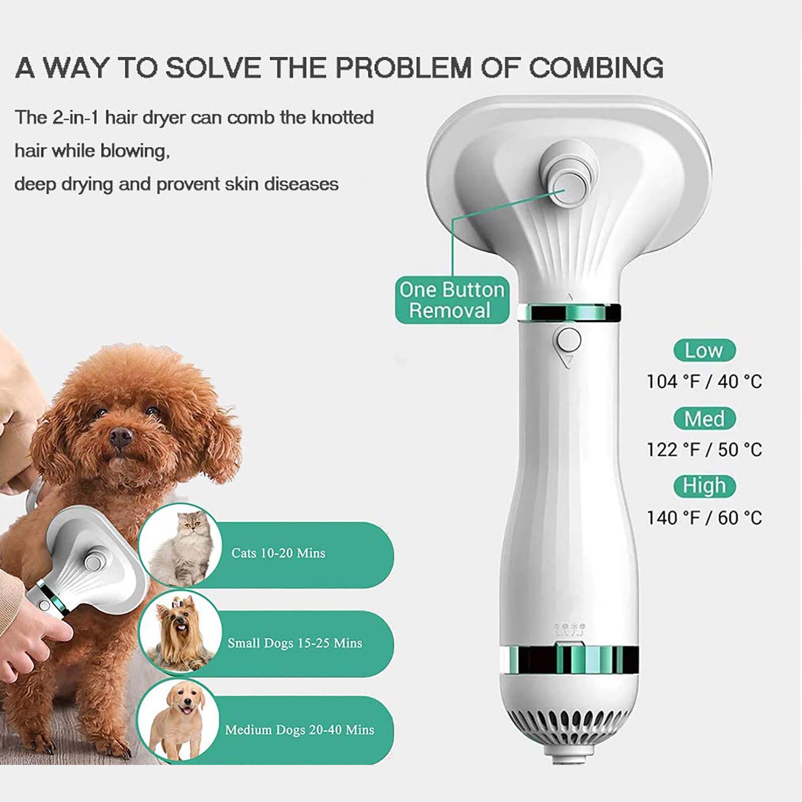 Brosse de sèche-Cheveux pour Petits Chiens de Compagnie, épilation Portable 3 en 1 à Faible Bruit en Un clic, sèche-Cheveux pour Chien à température réglable