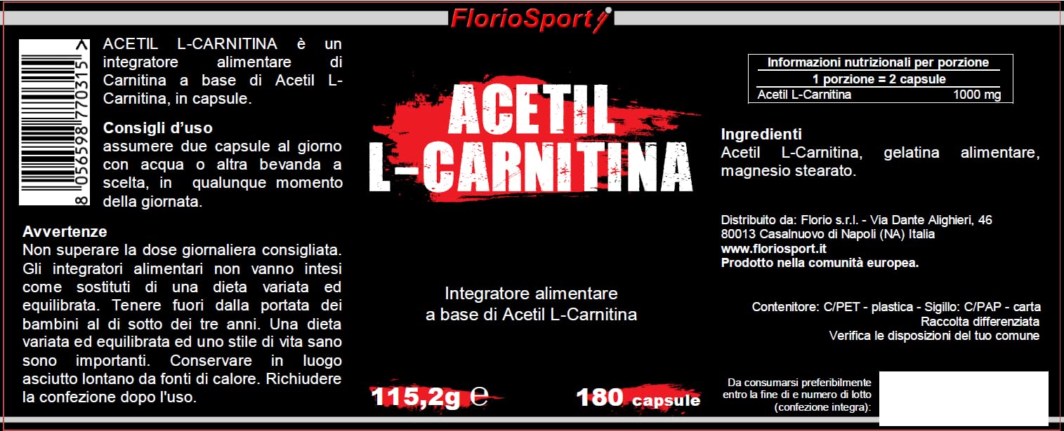 Acetil L-Carnitina FlorioSport, 180 capsule da 500 mg. (90 dosi da 1000mg) Integratore di Acetyl Carnitina