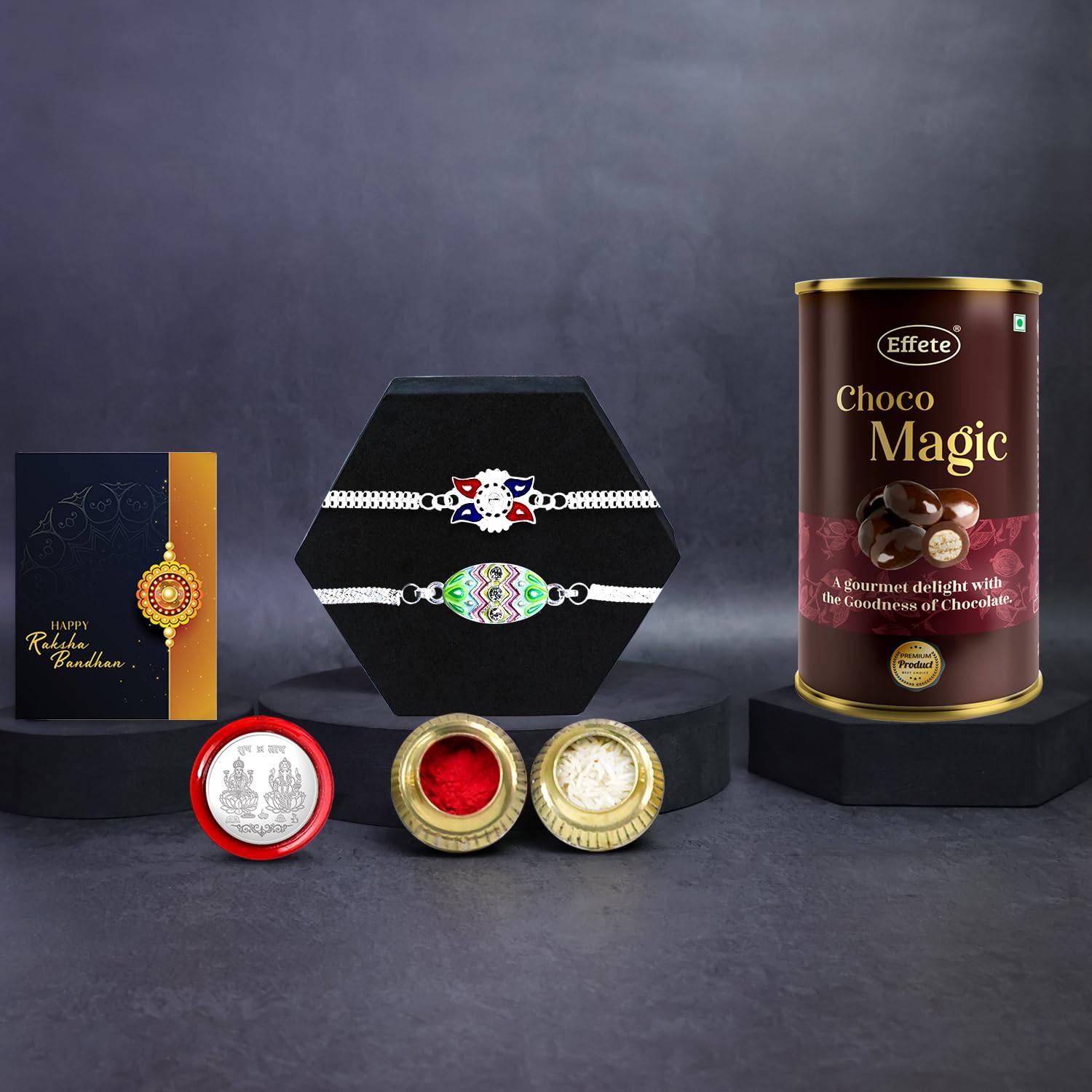 DeoDap Chocolate with Rakhi Set for Brother - Multi Design Silver Color Chain Rakhi Set 2 of with Choco Magic (96 GM), Silver Color Coin and Greeting Card, Raksha Bandhan Celebration Combo for Bhai-image-14