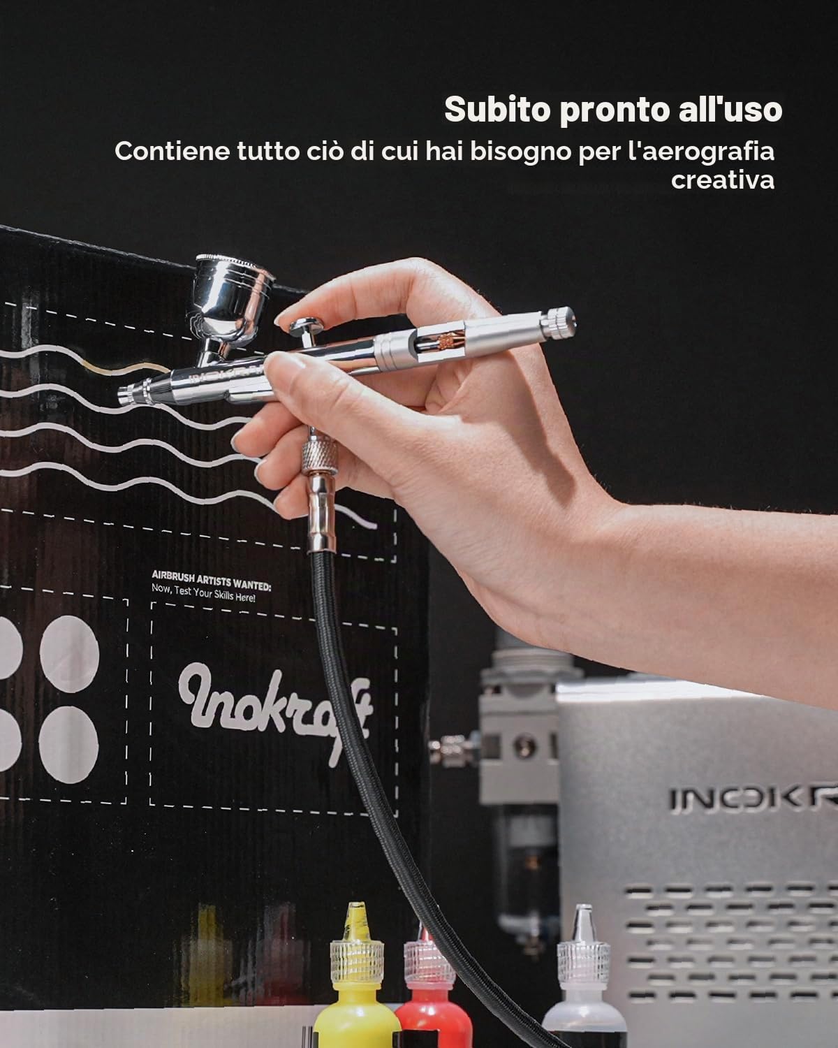 InoKraft Kit aerografo con compressore 1/6 HP silenzioso, pistola aerografo, 3 ugelli (0,2, 0,3 & 0,5 mm) tubo, supporto e istruzioni, aerografo per pittura modello, regalo per bambini 4 colori