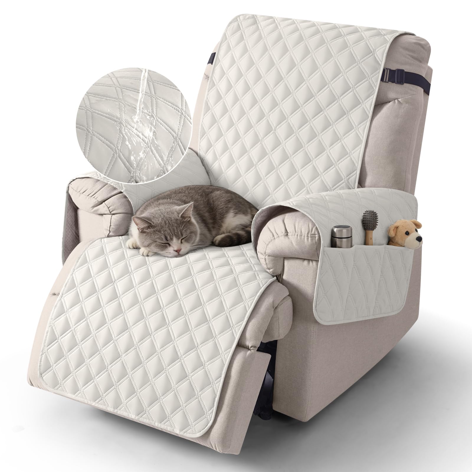 TAOCOCO Recliner Covers,1 Seater Recliner Slipcovers,Waterproof Recliner Sofa Protector,Armchair Covers with Pockets,Non Slip Reclining Sofa Covers,Arm Chair Covers for Pets/Dogs/Kids(Off White)